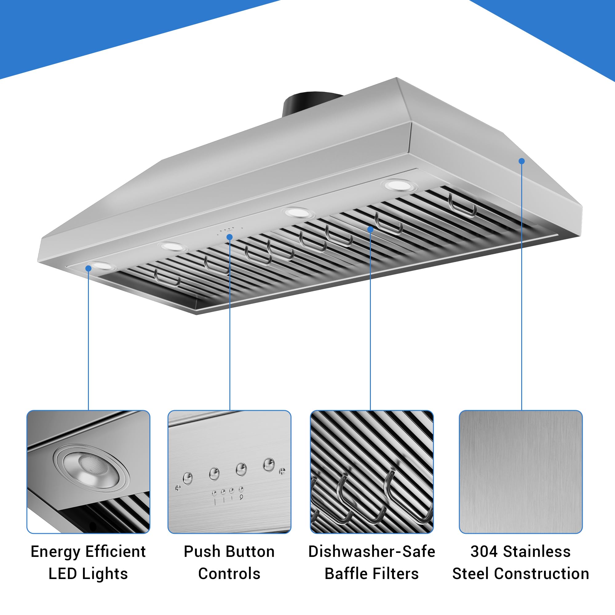 CT Copper Tailor Built-in Range Hood Insert Vent 48 Inch, 1150 CFM with 4-Speed Fan, LED Light, Dishwasher-safe Baffle Filter,Stainless Steel