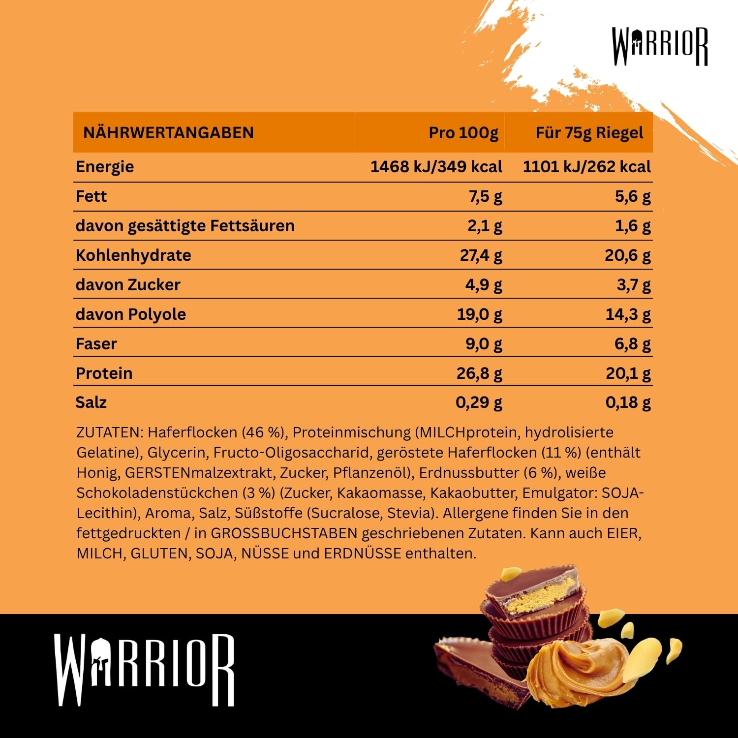 Warrior Raw Proteinriegel 12 x 75 g – Ballaststoffreicher Haferriegel mit Protein, High Protein Snack ohne Zucker, Natürlicher Haferflocken Riegel mit Präbiotika – Schoko-Brownie
