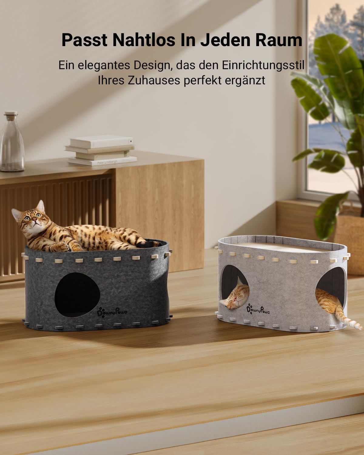 Katzenhöhle Filz, Katzenhaus aus Filz, Katzenbett, Katzenhöhle für Katzen, 58 x 33 x 30cm, Peek-a-Boo zum Spielen, Winterfest, Schutz der Katzennägel, Beige