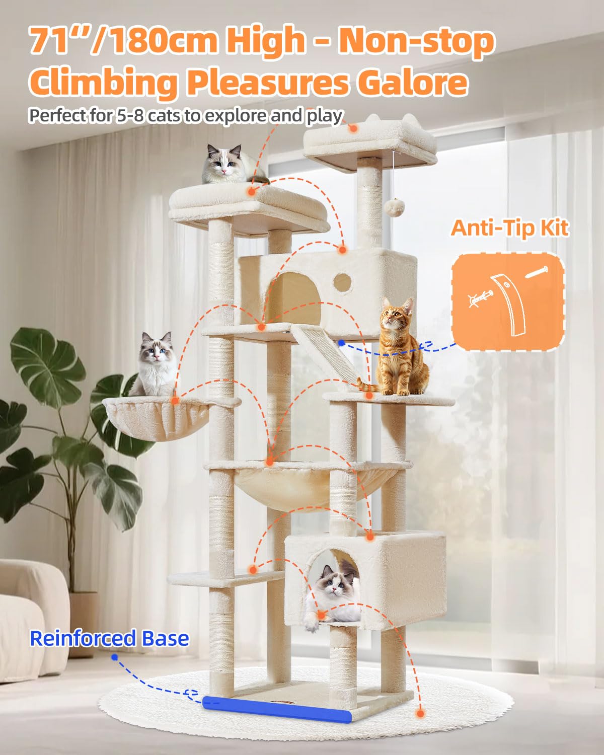 Taoqimiao 180CM Kratzbaum Groß, Katzenbaum Katzen Kratzbaum Grosse Katzen Stabil mit 2 Katzenhaus, Metallhängematte, Korb, 8 Kratzsäulen, Katzenkratztafel, MS026LM Beige