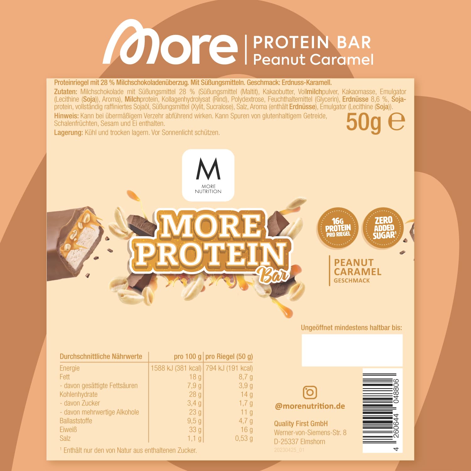 MORE Protein Bar, 10er Box, White Chocolate Peanut Caramel, Protein Riegel ohne Zuckerzusatz (Design kann variieren)