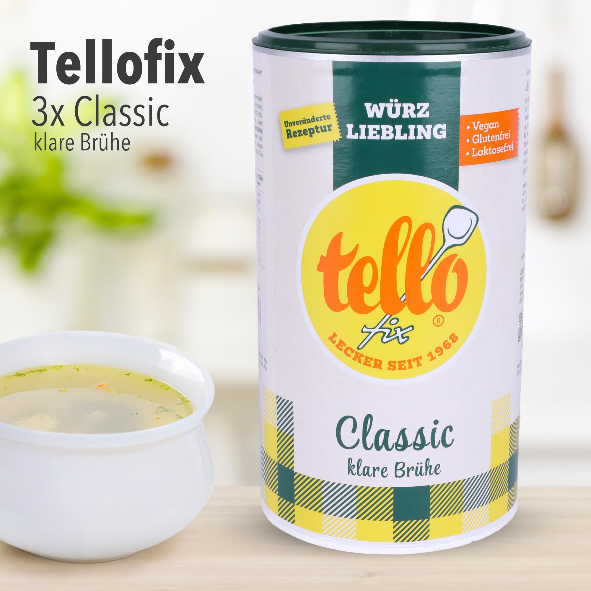 tellofix Classic Klare Brühe 900g, vielseitige Gemüse Brühe, als Universal-Würzmittel zum Verfeinern von Suppen - kalorienarm, glutenfrei, lactosefrei & vegan, keine Farb- oder Konservierungssstoffe