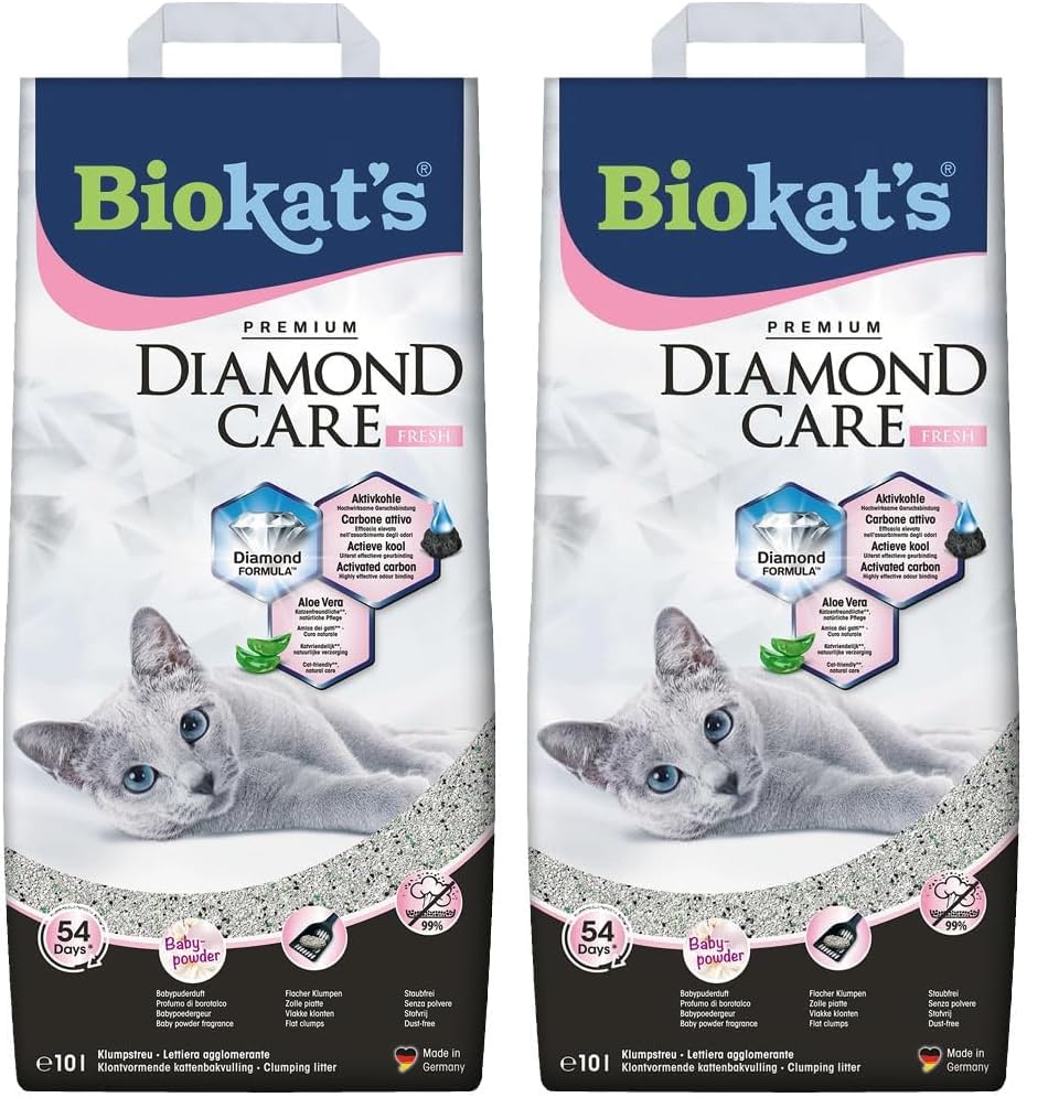 Biokat's Diamond Care Fresh Katzenstreu mit Babypuder-Duft - Feine Klumpstreu aus Bentonit mit Aktivkohle und Aloe Vera - 1 Sack (1 x 10 L)