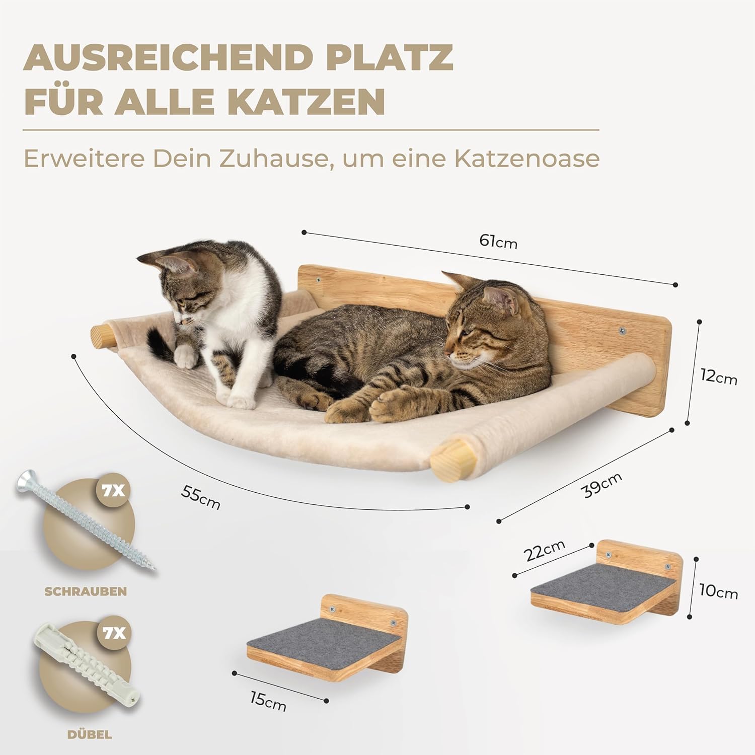 WOOWOOD® 2X Kletterwand Katzen - 3X Katzentreppe Wand- Kratzbaum Wand - Hängematte Katze - Wandkratzbaum - Katzenmöbel - Katzenwand - Katzen Kletterwand Set - Naturhell