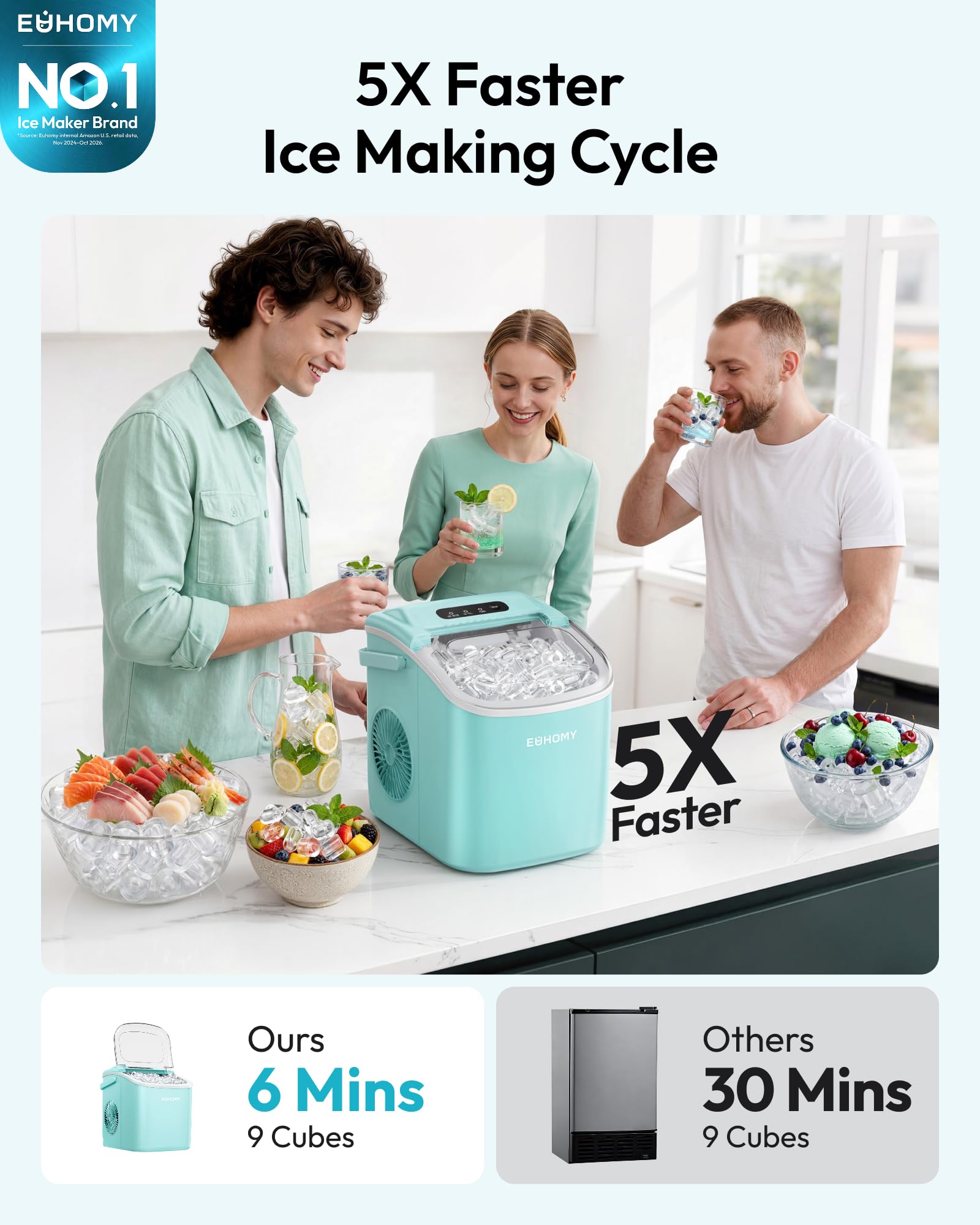 EUHOMY Countertop Ice Maker Machine with Handle, 26lbs in 24Hrs, 9 Ice Cubes Ready in 6 Mins, Auto-Cleaning Portable Ice Maker with Basket and Scoop, for Home/Kitchen/Camping/RV. (Black)