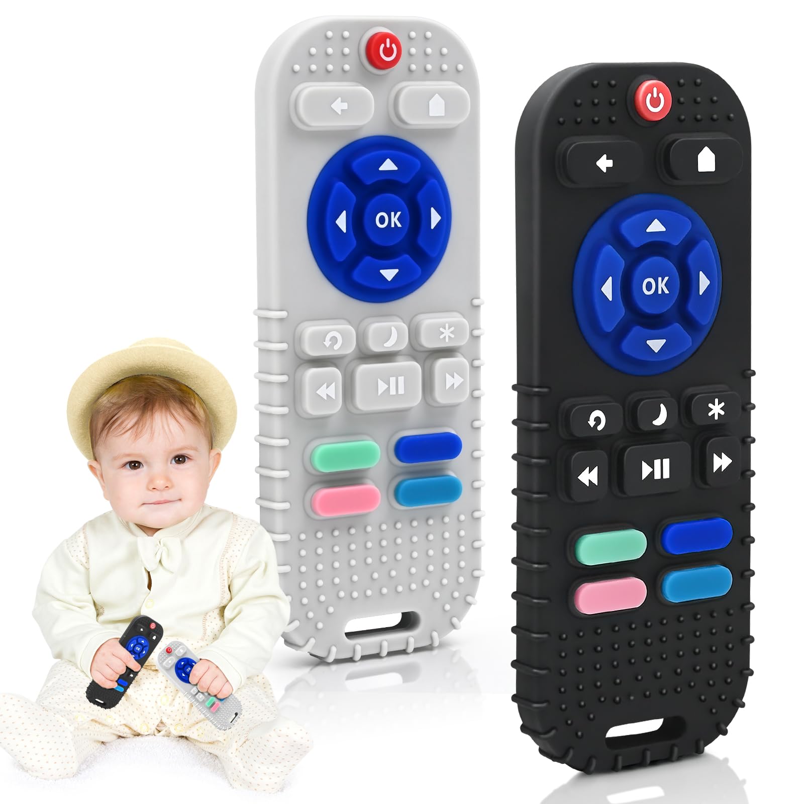 Zahnen Beißringe Spielzeug für Babys 3-6-12 Monate Geschenke, Fernbedienung Baby Zahnungshilfe für 7 8 9 Monate Kleinkind Autismus, Lebensmittelqualität Silikon Badespielzeug, Schwarz