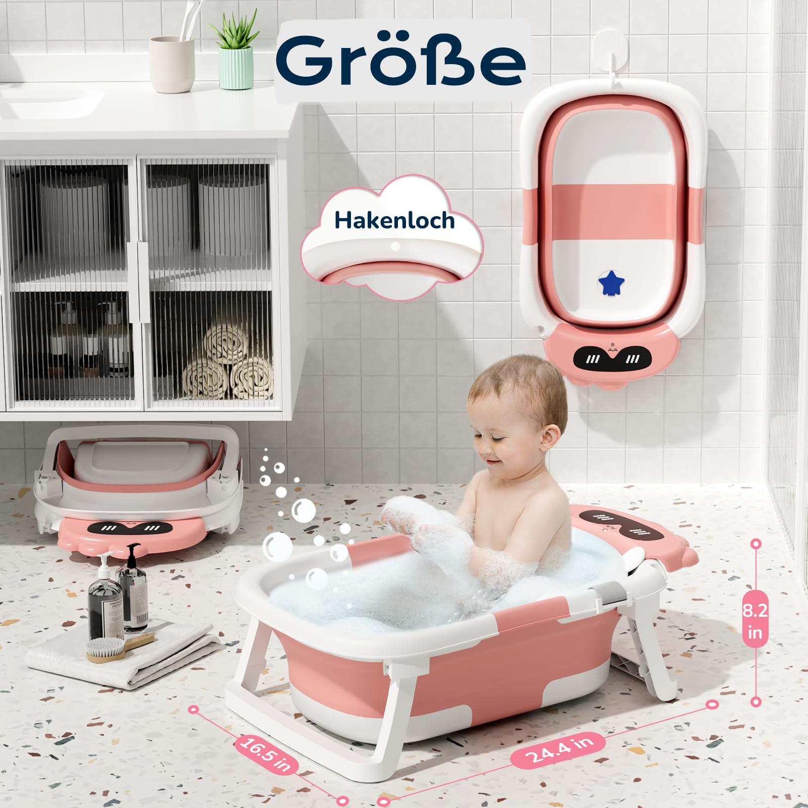 COOSEYA Baby Badewanne für 0-18 Monate, Faltbare Babywanne mit Babybadewanne Stützkissen, Portable Baby Bathtub als Wesentliche Artikel für Neugeborene und Kleinkind, Dinosaurier - Design (Grau)
