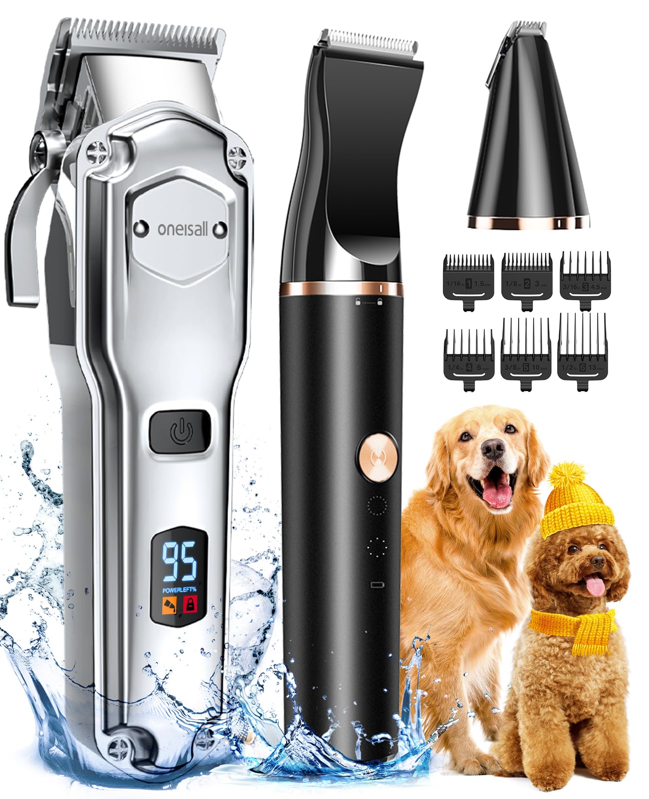 oneisall Hundeschermaschine für die Fellpflege für dickes, schweres Fell/geräuscharmer, wiederaufladbarer, kabelloser Haustierrasierer mit Edelstahlklinge/wasserdichter Hunderasierer für Hunde