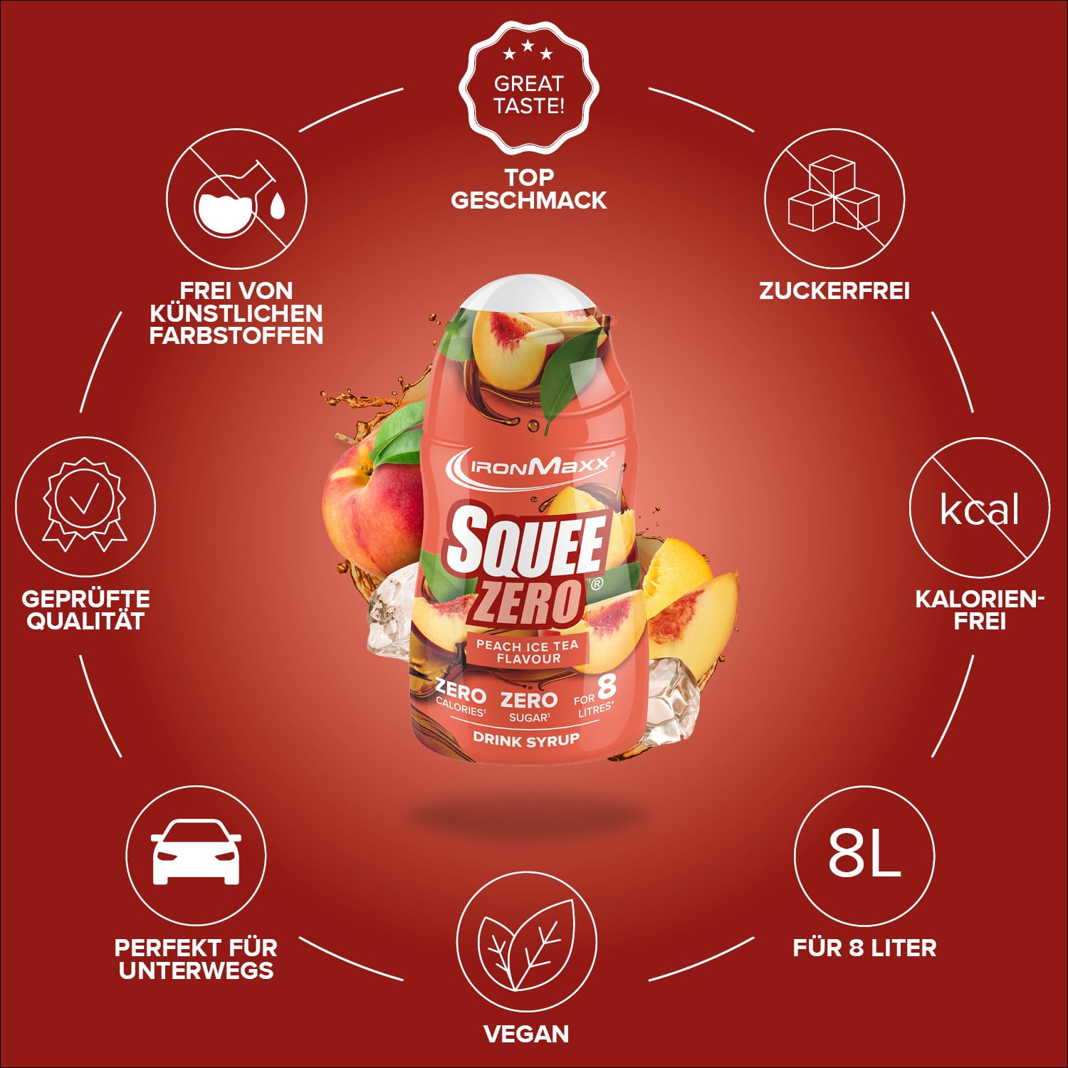 IronMaxx SqueeZero - Raspberry 65ml | Sirup, Erfrischendes Geschmackserlebnis für 8 Liter, Zuckerfrei und Kalorienfrei in 100ml verzehrfertigem Getränk