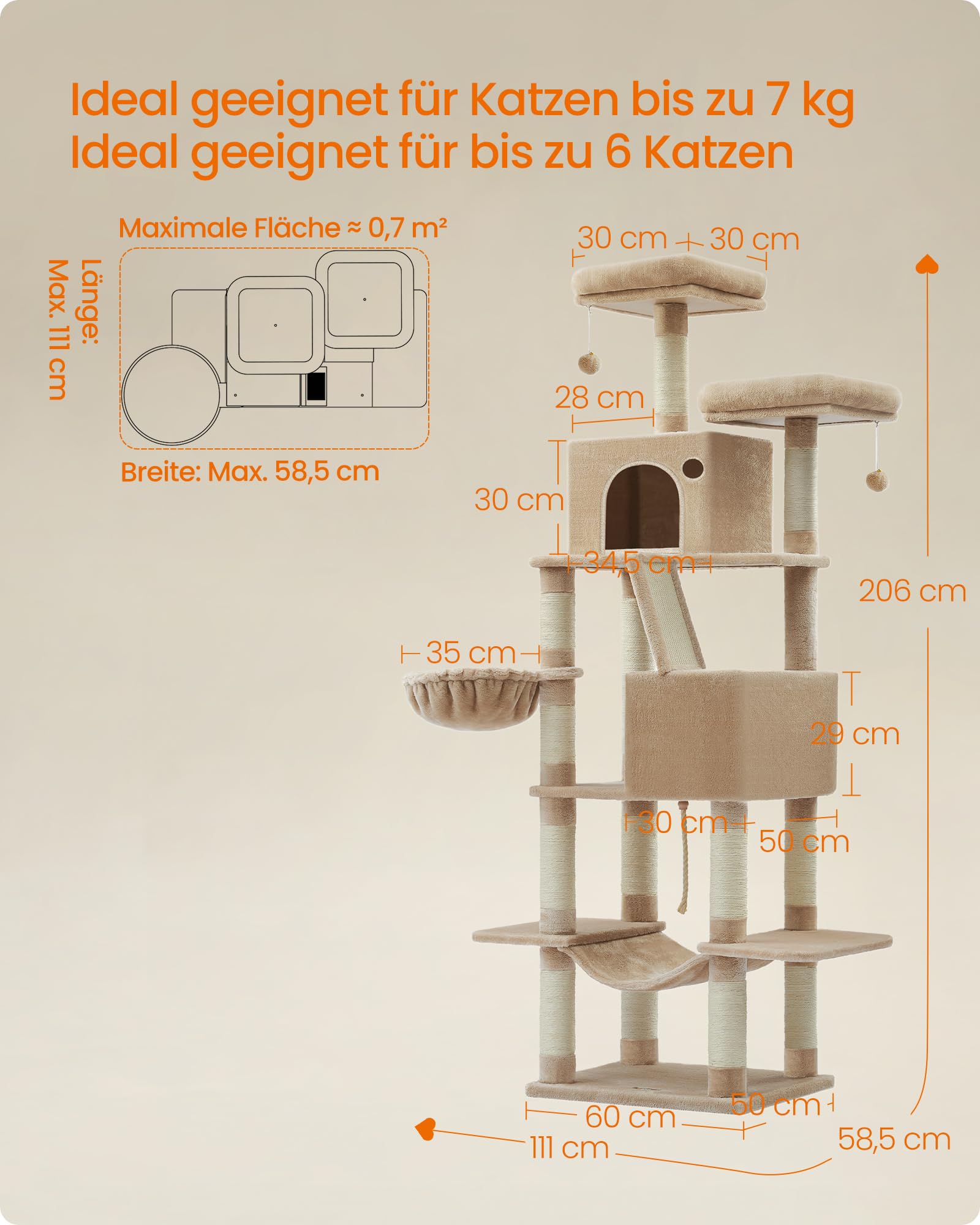 Feandrea Kratzbaum groß, 203,5 cm hoch, XXL Katzenbaum, mit 13 Kratzsäulen, 2 Plattformen, 2 Höhlen, Korb, Hängematte, Plüschbälle, mehrstöckiger Katzenkratzbaum, rauchgrau PCT190G01