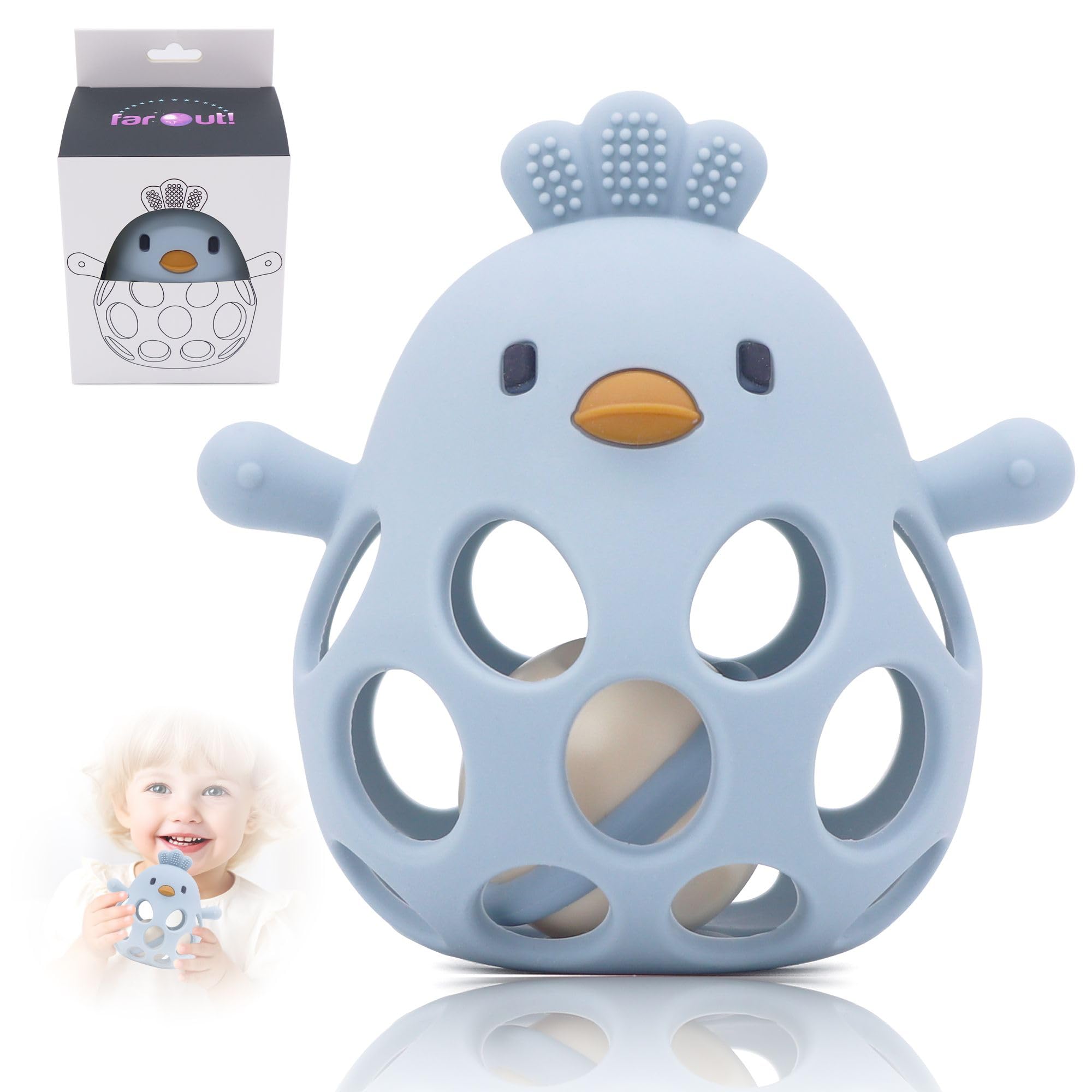 farout Montessori Beißring & Rassel für Babys - Sensorik Spielzeug ab 0 Monate, Zahnungshilfe & Greifball - Geschenk für Jungen & Mädchen
