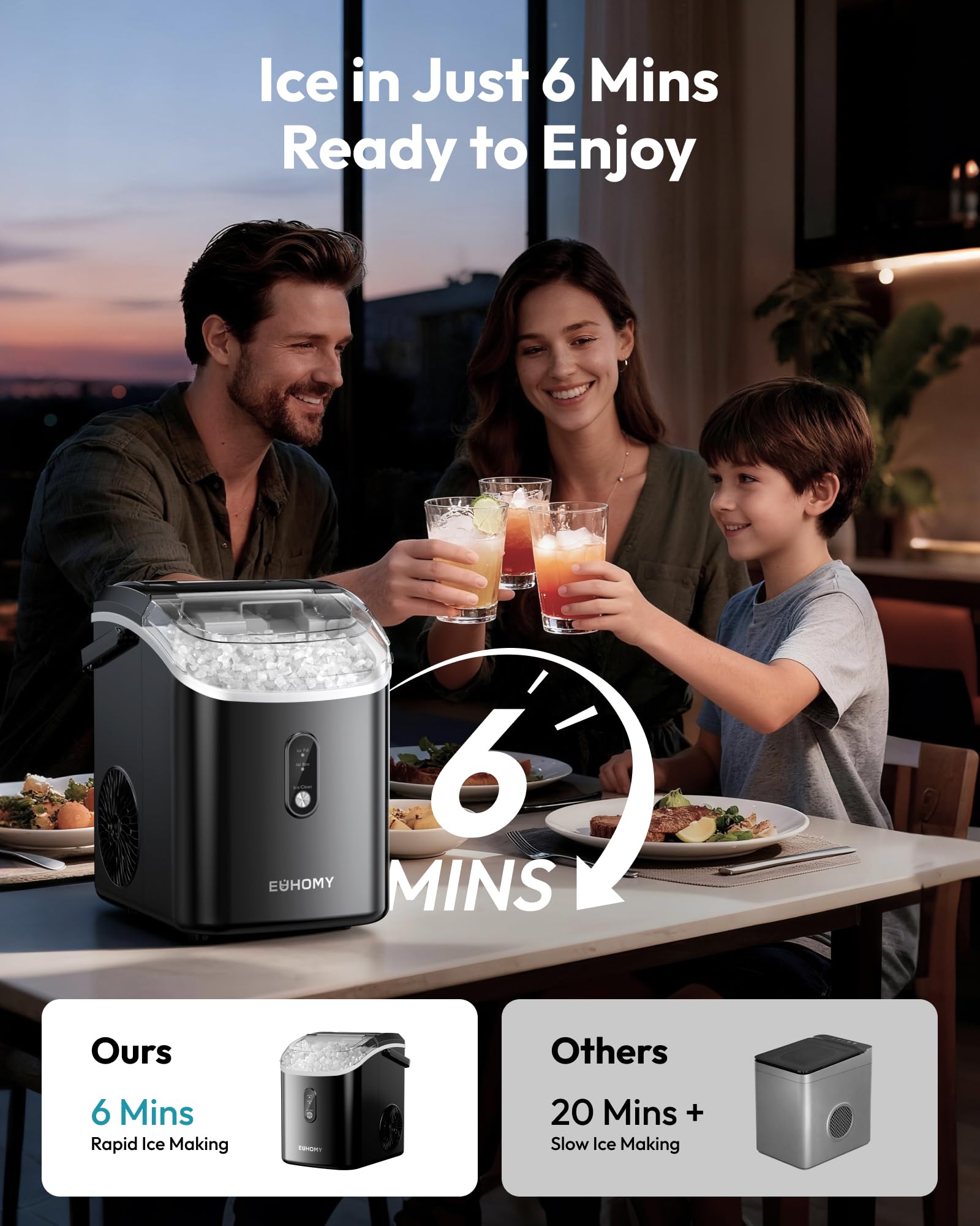 EUHOMY Nugget Ice Maker Countertop with Handle, Ready in 6 Mins, 34lbs Per Day, Removable Top Cover, Auto-Cleaning, Portable Sonic Ice Maker with Basket and Scoop, for Home/Party/RV/Camping (Black)