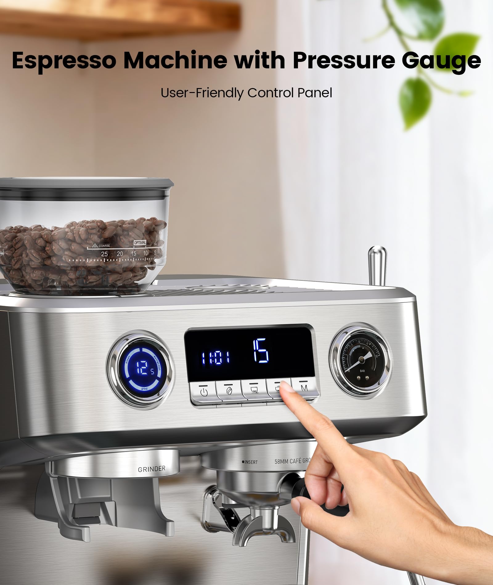 COWSAR 20 Bar Espresso Machine with Grinder & Milk Frother Steam Wand, 58mm Expresso Coffee machines, Commercial Stainless Steel Coffee Maker for Cappuccino and Latte, Perfect for Home Café-Pro