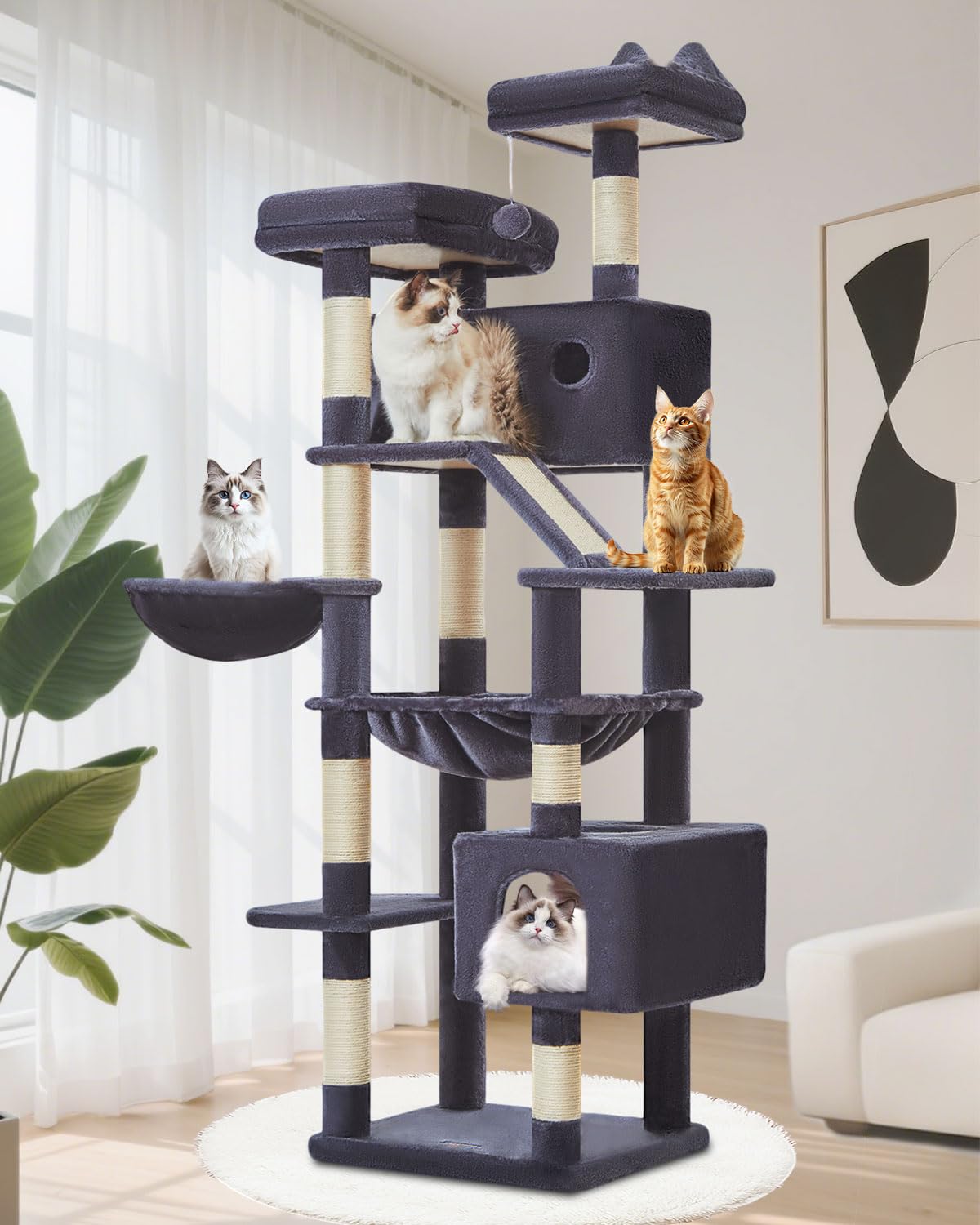 Taoqimiao 180CM Kratzbaum Groß, Katzenbaum Katzen Kratzbaum Grosse Katzen Stabil mit 2 Katzenhaus, Metallhängematte, Korb, 8 Kratzsäulen, Katzenkratztafel, MS026LM Beige