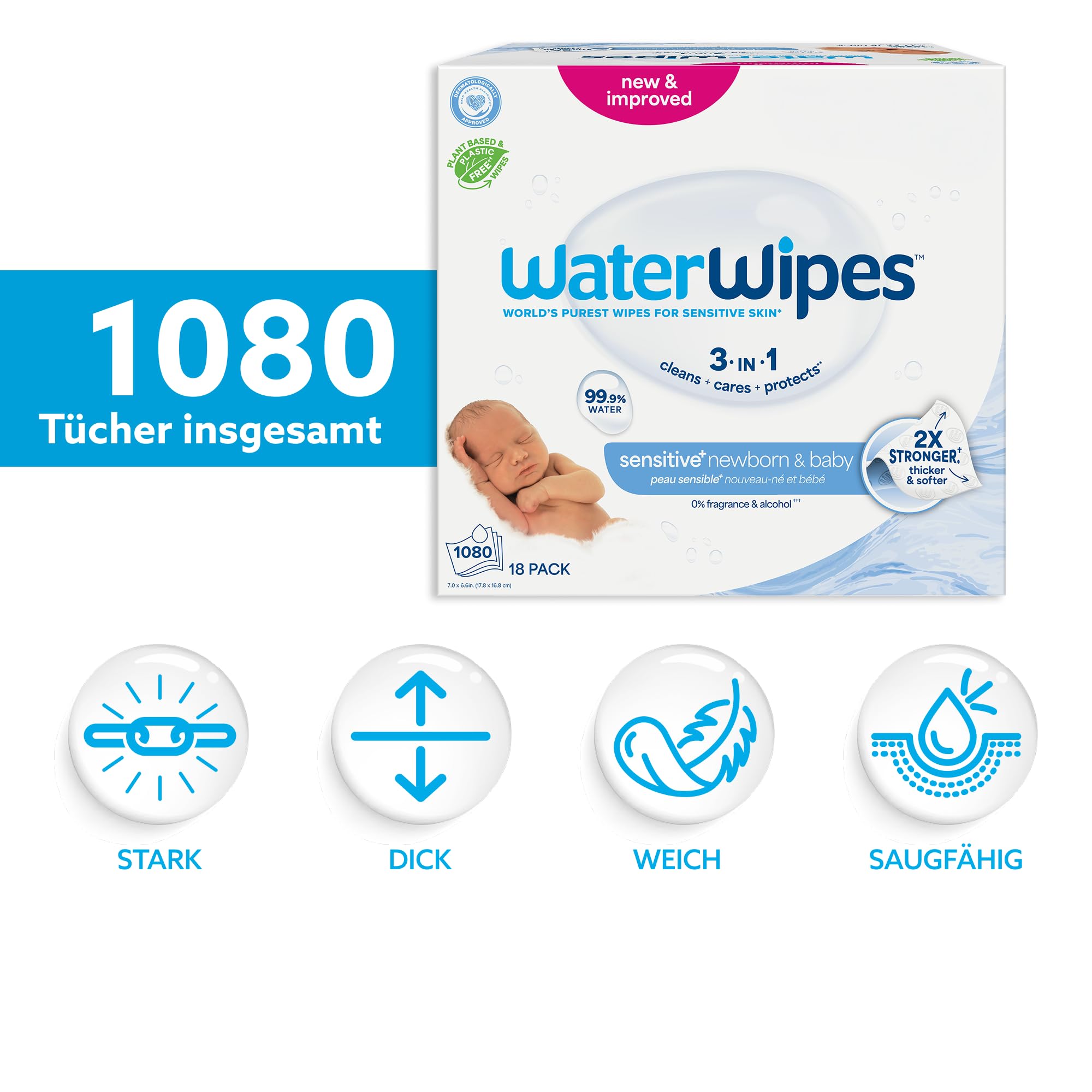 WaterWipes Sensitive+ Newborn & Baby Wipes, Feuchttücher für Neugeborene und Babys, 720 Stück (12 Packungen), 3-in-1-Reinigung, Pflege, Schutz, 99,9% Wasser, parfümfrei