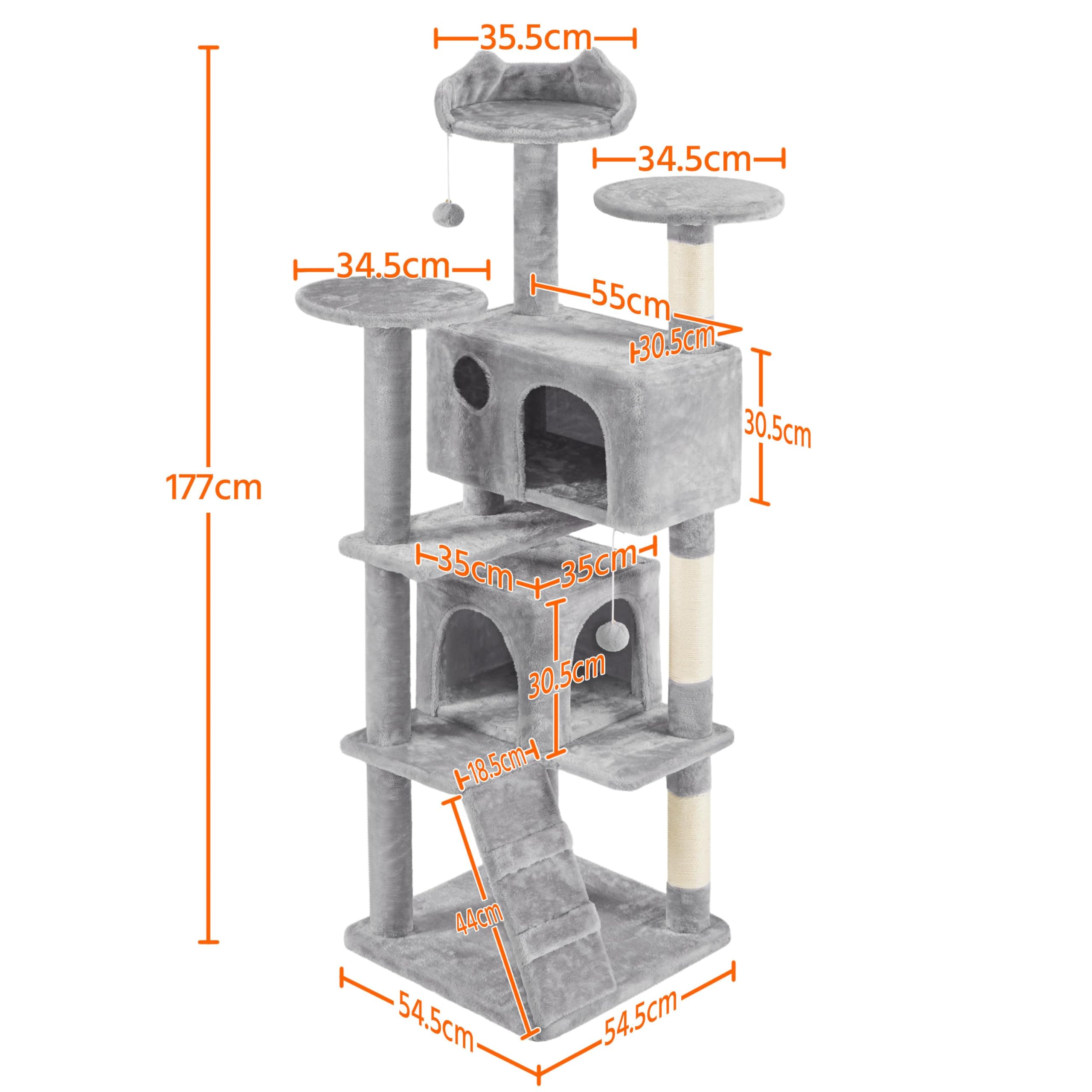 Yaheetech Kratzbaum Groß, 139 cm hoch, Mehrstöckiger Katzenbaum Kletterturm mit 3 Kratzsäulen, 3 Plattformen, 2 Gemütlichen Höhlen, 2 Plüschbällen, Stabiler Aktivitätsbereich für Katzen, Dunkelgrau
