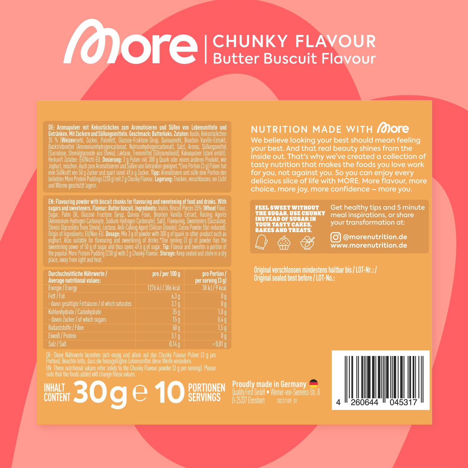 MORE Chunky Flavour, Vanilla Perfection, 150 g, vegan, Geschmackspulver zum Süßen, ohne viel Zucker und Kalorien, mit Inulin und Laktase - made in Germany