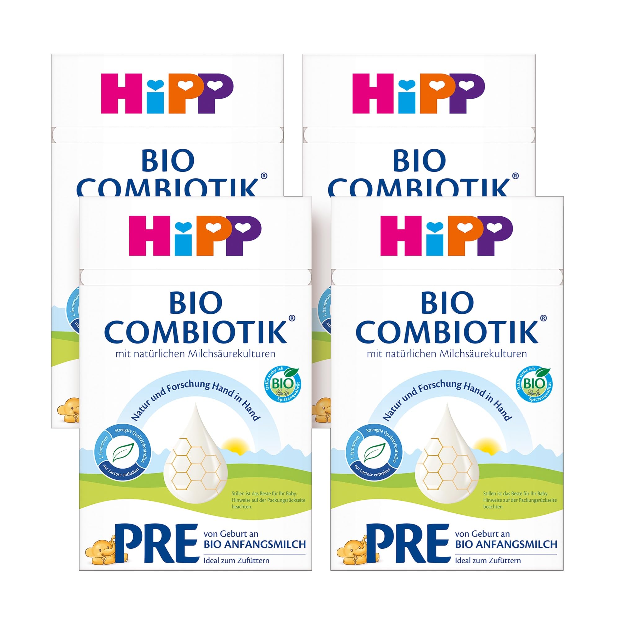 HiPP PRE Bio Combiotik (4 x 600g), Anfangsmilch von Geburt an, mit natürlichen Milchsäurekulturen, enthält nur Lactose als Kohlenhydrat, ideal zum Zufüttern