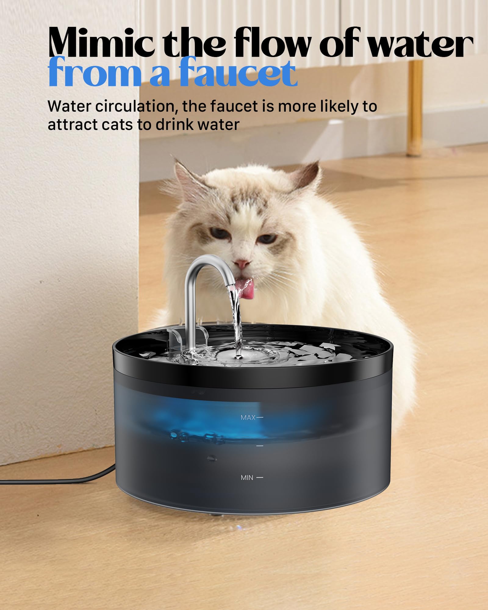 GIOTOHUN Katzenbrunnen Trinkbrunnen für Katze: 2L Katzenbrunnen für Katzen - Katzen Trinkbrunnen Super Silent - Eingebautes LED Licht - Aktivkohlefilter - Durchsichtiger Wassertank - Schwarz