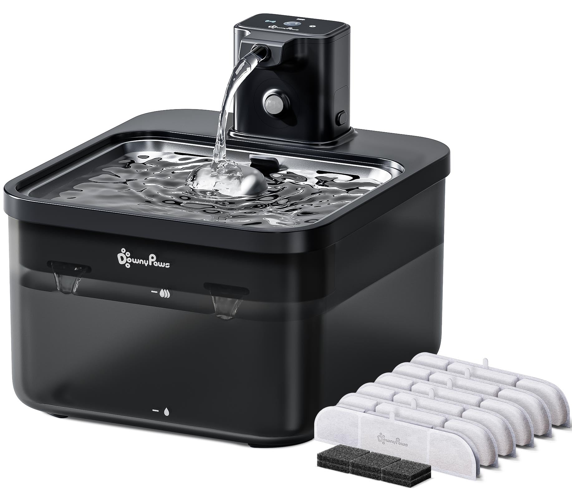 DownyPaws 2.5L Trinkbrunnen für Katze Kabellos, Katzenbrunnen Kabellos mit Bewegungsmelder, Batteriebetrieben Katzentrinkbrunnen, 4000mAh, Leise Wasserpumpe, Tablett aus Edelstahl für Katze, Schwarz