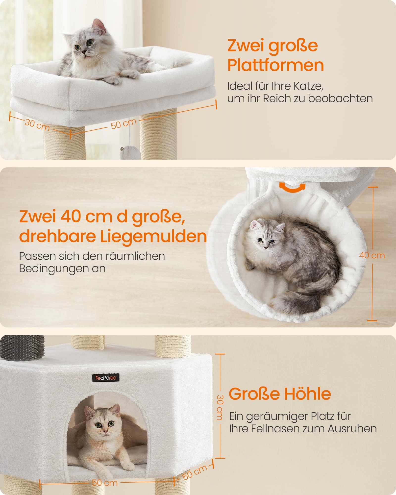 Feandrea Kratzbaum, mit warmen Decken, für große Katze, Katzenbaum, 2 Katzenbürsten, 11,1 cm d Dicke Stämme, große Plattformen, Höhle, 50 x 50 x 160 cm, Taubengrau-schwarz PCT003W01