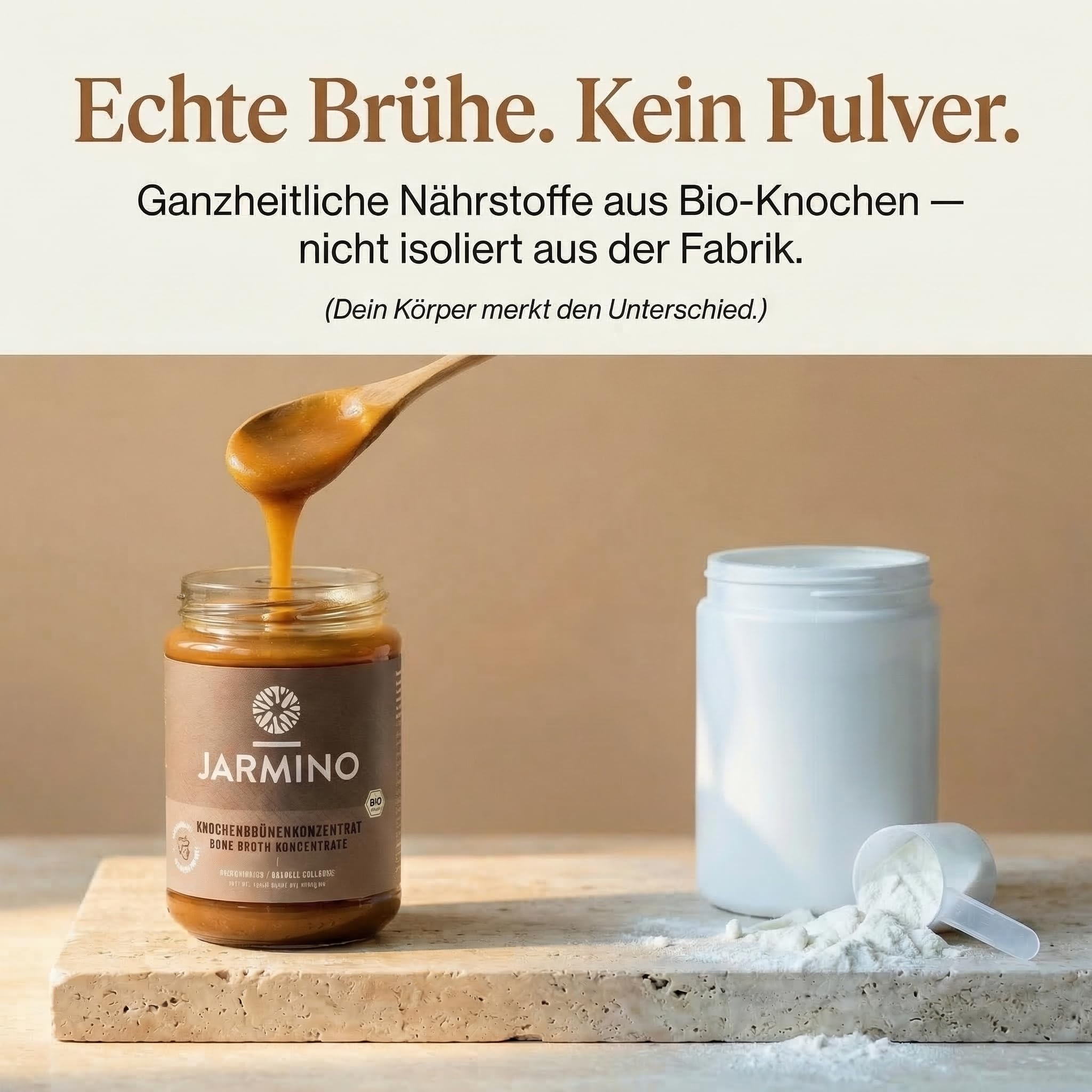 JARMINO Bio Rinderknochenbrühe Konzentrat, Grasgefütterte Brühe für Menschen, Flüssige Knochenbrühe mit Kollagenprotein, Keto, Paleo & AIP geeignet, Rinderbrühe, 440 g, 44 Portionen