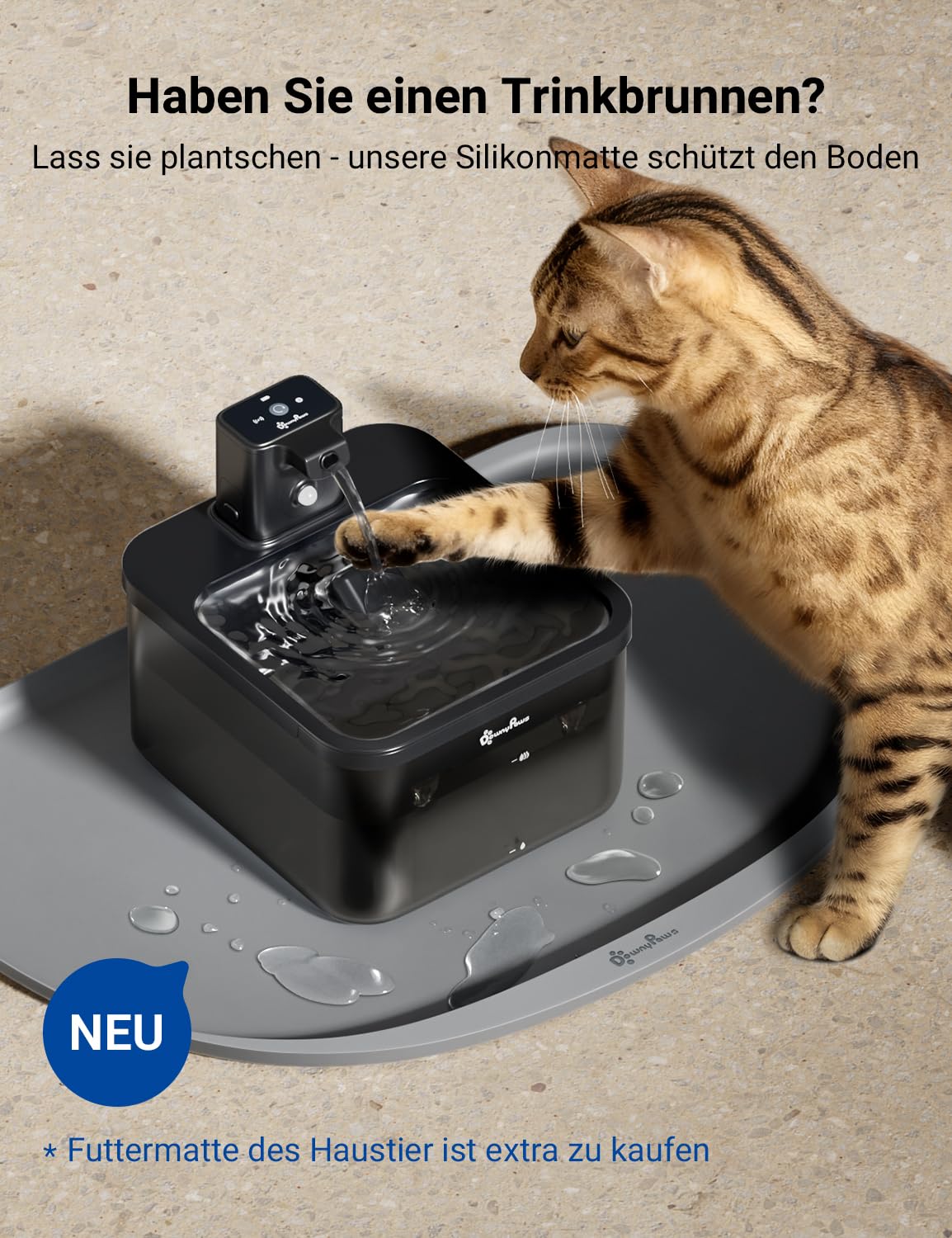DownyPaws 2.5L Trinkbrunnen für Katze Kabellos, Katzenbrunnen Kabellos mit Bewegungsmelder, Batteriebetrieben Katzentrinkbrunnen, 4000mAh, Leise Wasserpumpe, Tablett aus Edelstahl für Katze, Schwarz