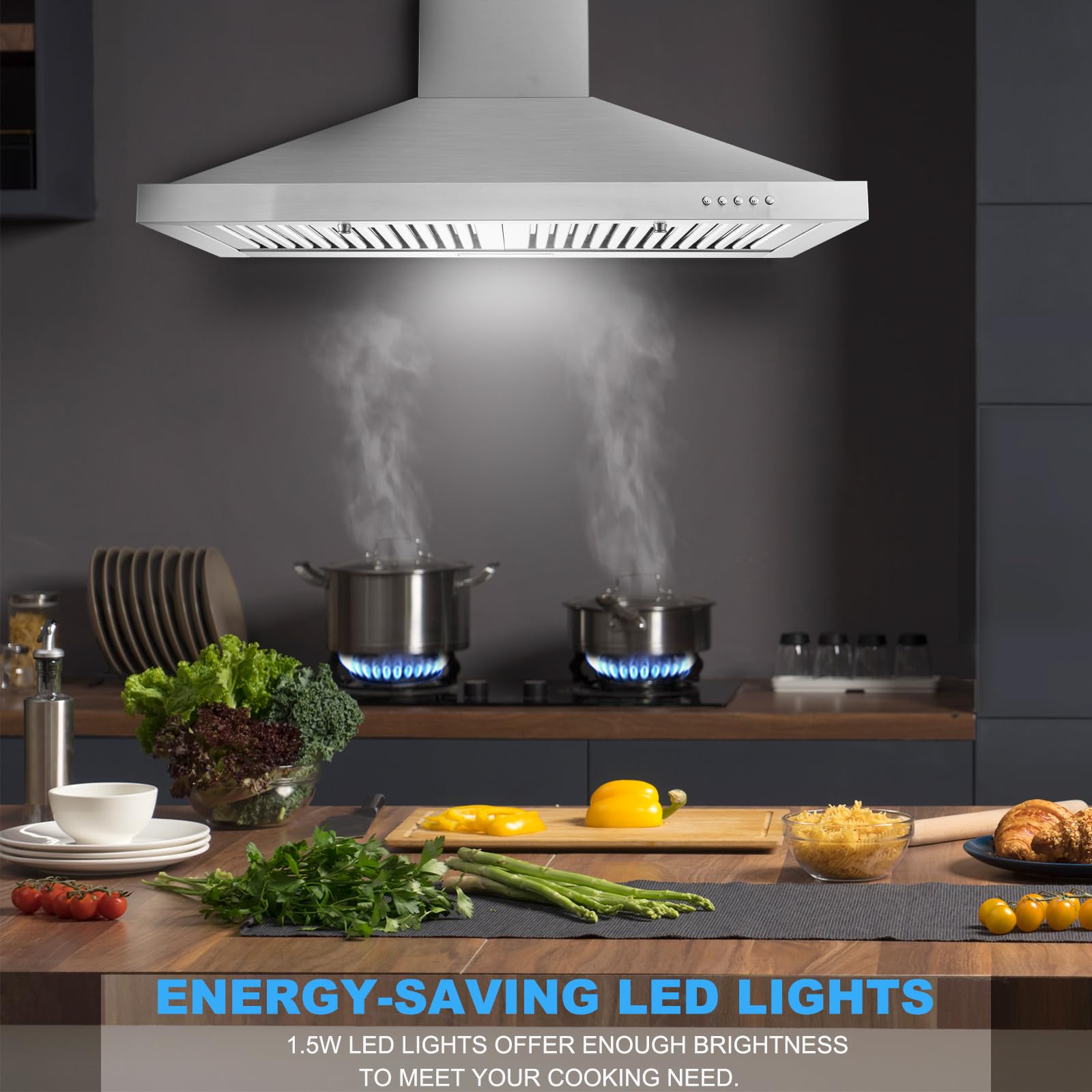 Tieasy Wall Mount Range Hood 30 inch with Ducted/Ductless Convertible Duct, Stainless Steel Chimney-Style Over Stove Vent Hood with LED Light, 3 Speed Exhaust Fan, 450 CFM