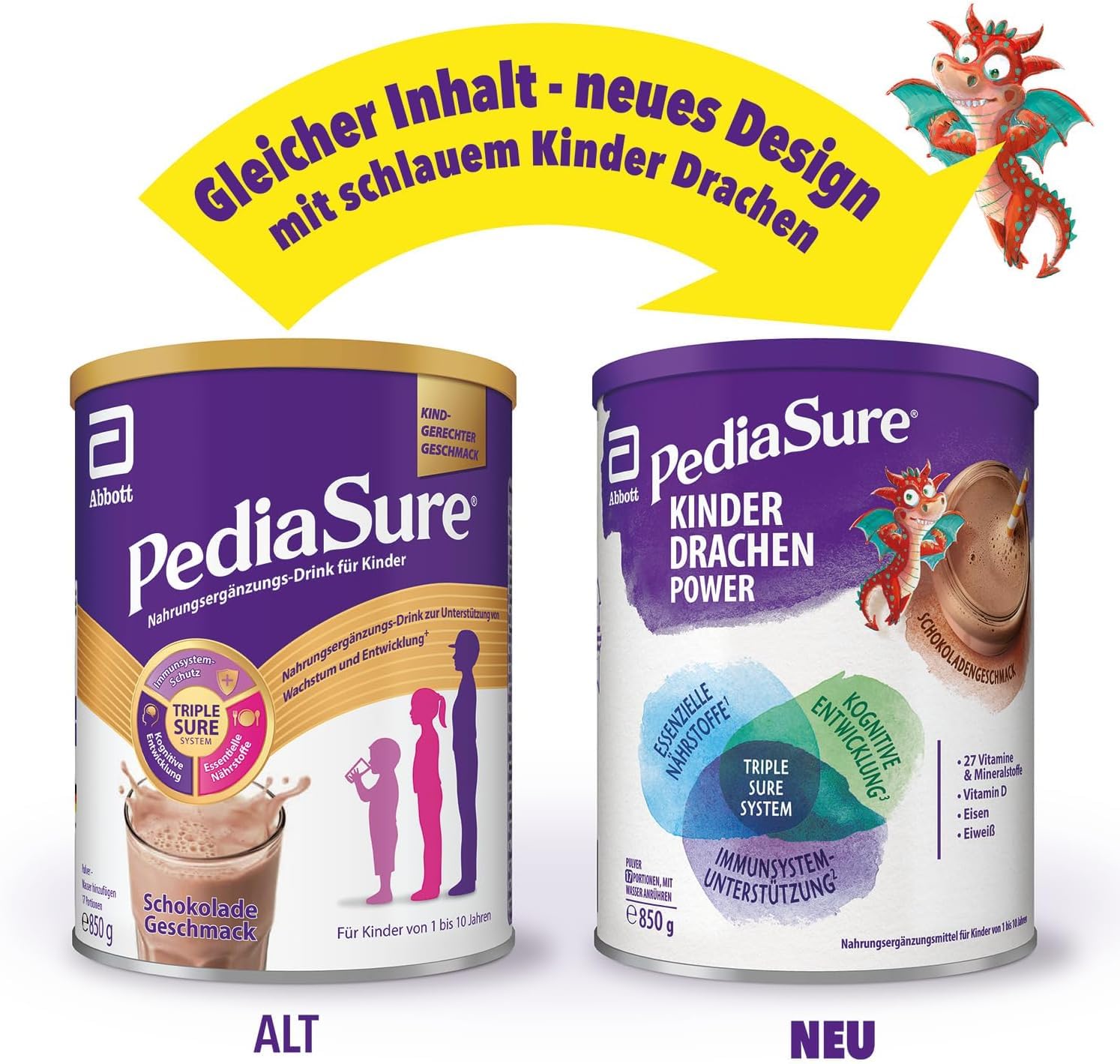 Pediasure Kinder Drachen Power Vanille 850g| leckerer Nahrungsergänzungsshake für Kinder ab 1 Jahr|mit 27 Vitaminen & Mineralien, Protein und triplesure Komplex|Verpackung kann variieren