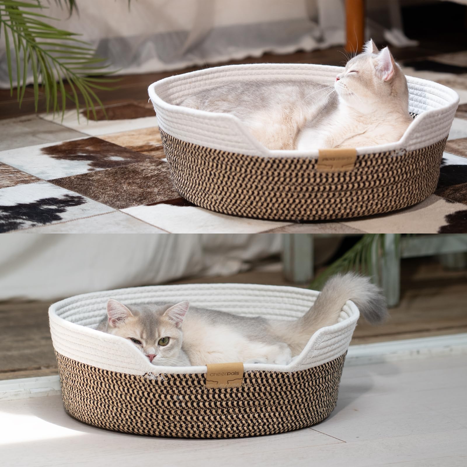CheerPals Katzenbett mit Kissen, 47cm Waschbar Katzenkorb aus Baumwollseilen geflochten, zum Schlafen für Alle Katze, All Season Universal