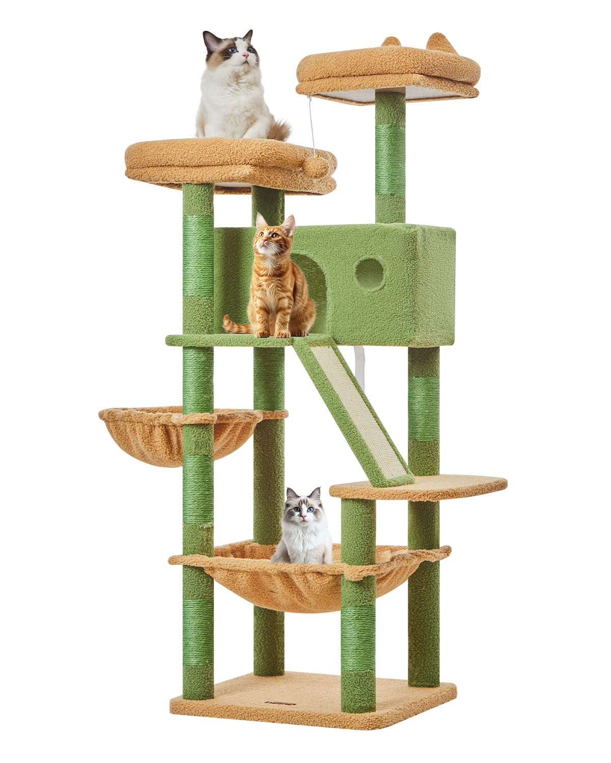 Taoqimiao 180CM Kratzbaum Groß, Katzenbaum Katzen Kratzbaum Grosse Katzen Stabil mit 2 Katzenhaus, Metallhängematte, Korb, 8 Kratzsäulen, Katzenkratztafel, MS026LM Beige