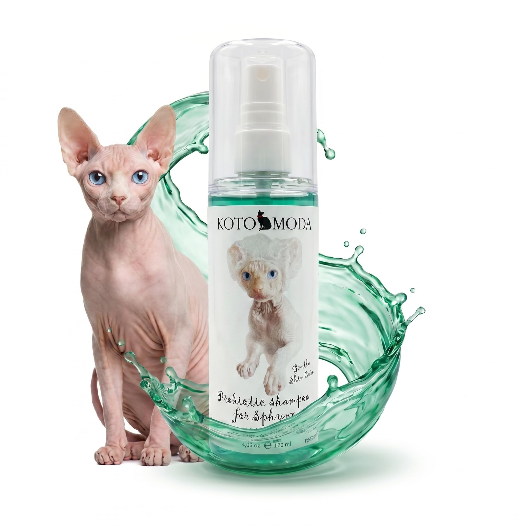 Probiotisches Shampoo für Sphynx-Katzen, sanfter parfümfreier Reiniger für haarlose und kurzhaarige Rassen, pH-balancierte Pflegeformel für empfindliche Haut, 120 ml / 4,06 FL oz