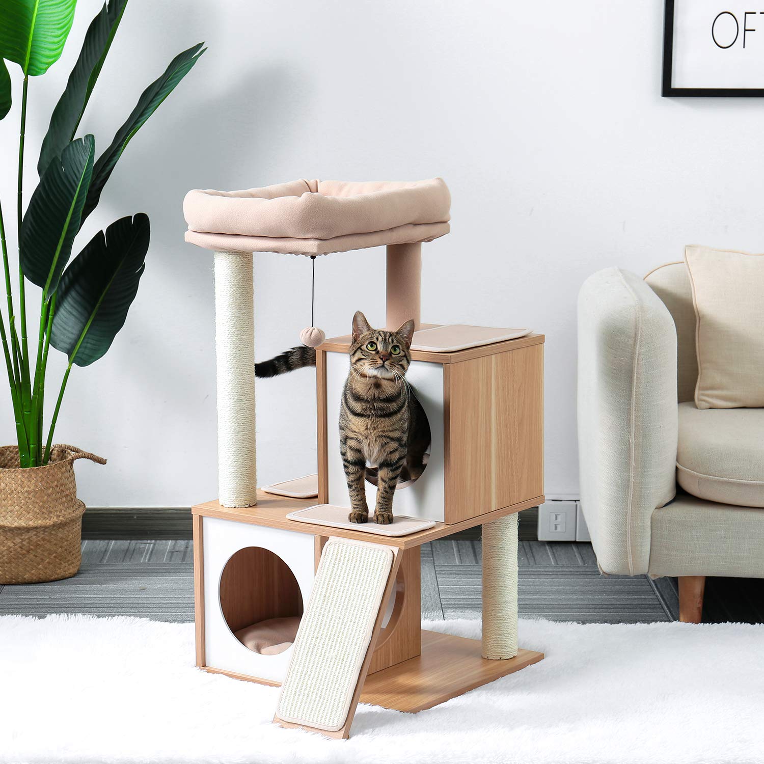 PETEPELA Katzenbaum Kratzbaum Kratzbäume Katzenmöbel mit Sisal-Seil Plüsch Liege höhlen Spielhaus Spielzeug für Katzen Grau
