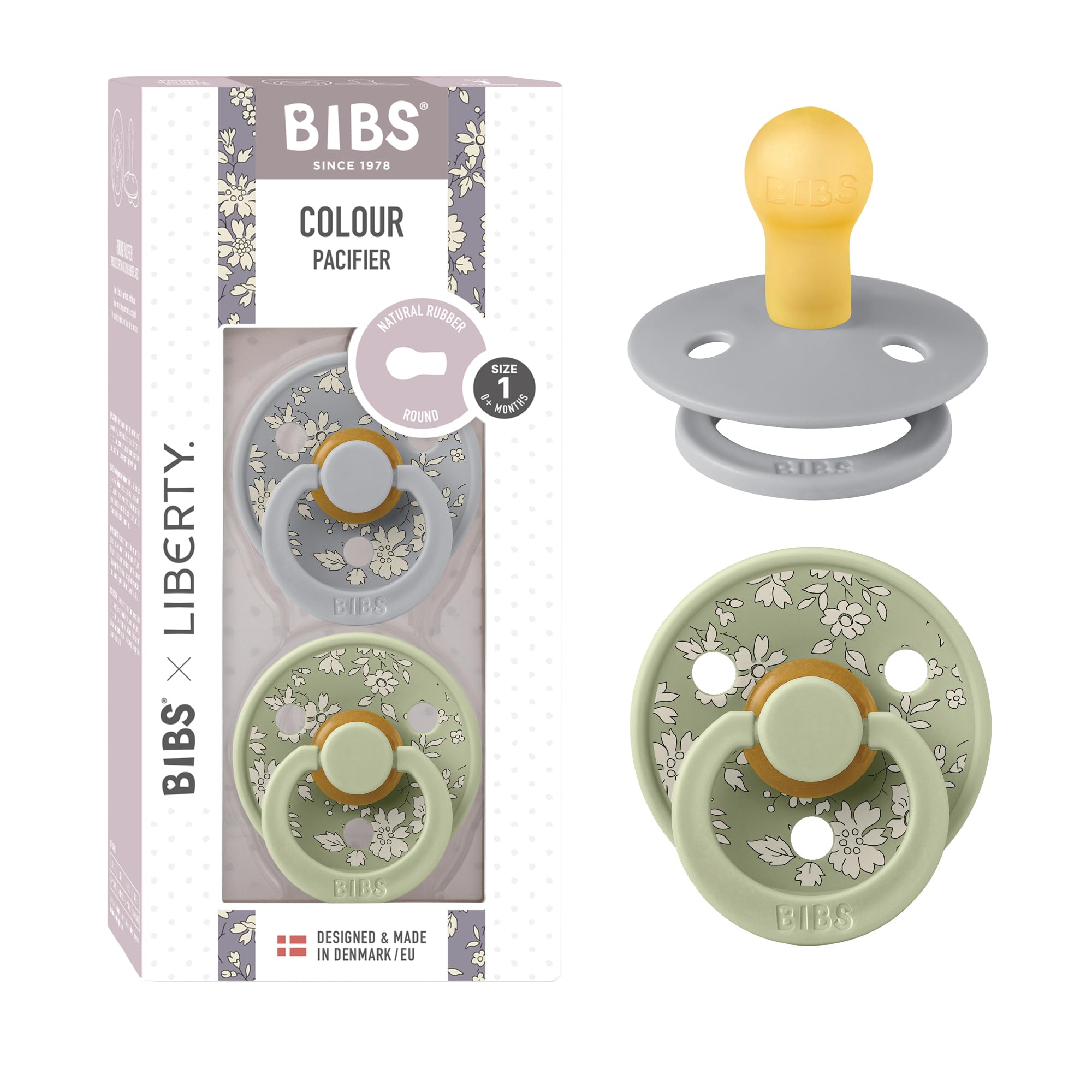 BIBS Colour Liberty Schnuller 2er-Pack, BPA-frei, Kirschform Nippel. Naturkautschuk/Latex, Hergestellt in Dänemark, Größe 2 (6-18 Monate), Chamomile Lawn Violet Sky