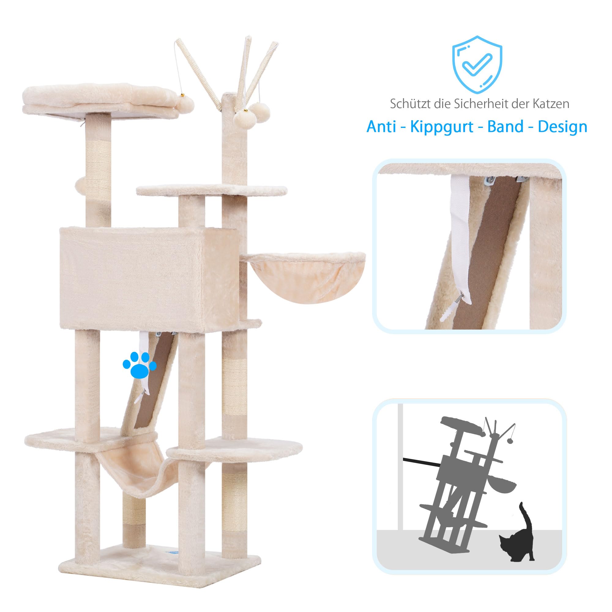Hey-Brother Kratzbaum, 135 cm Indoor Katzenbaum, Mit gepolsterter Plattform Bett, Spielzeug Ball, Höhlen, Hängematte und Sisal Kratzbaum Katzenhaus, Hellgrau MPJ019-SW