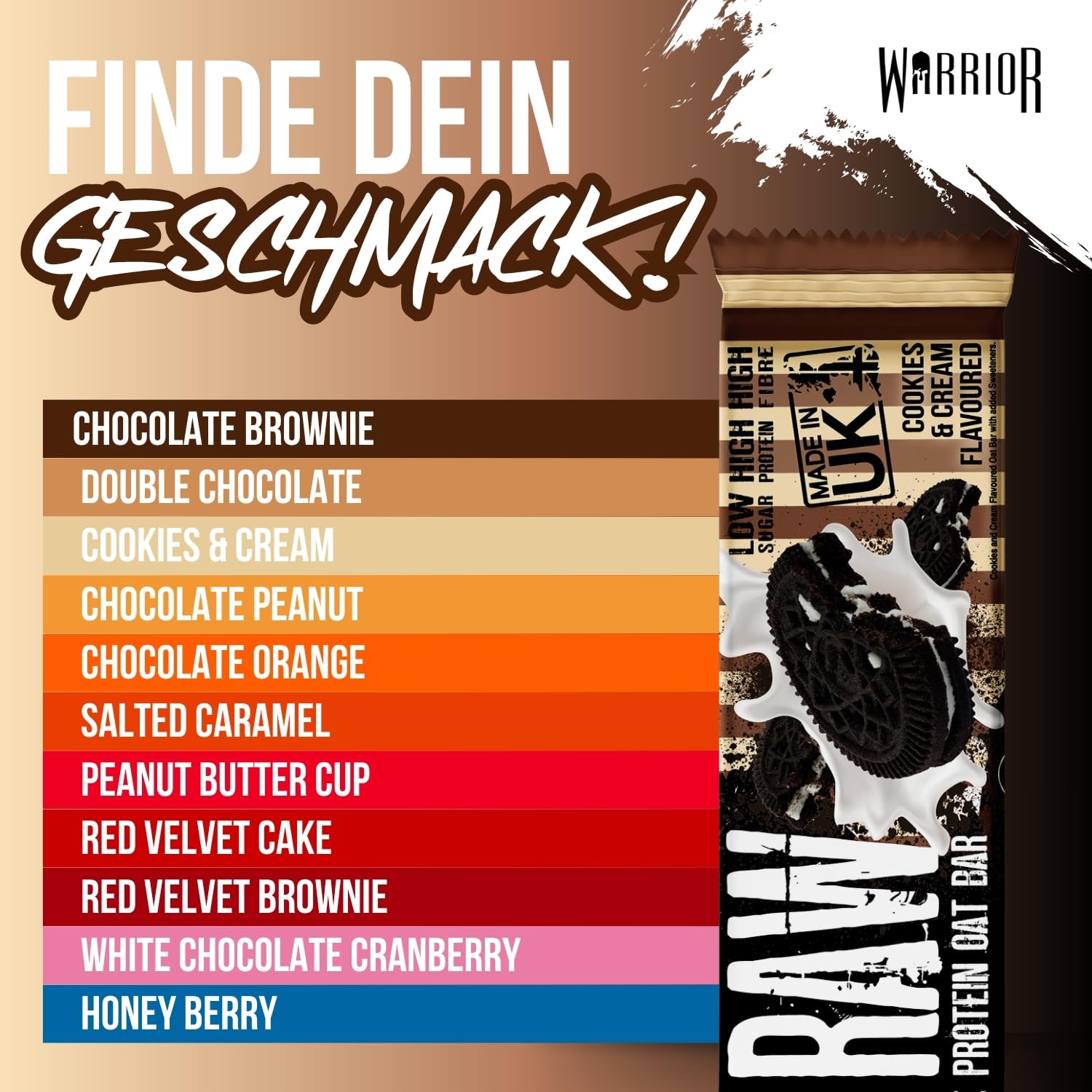 Warrior Raw Proteinriegel 12 x 75 g – Ballaststoffreicher Haferriegel mit Protein, High Protein Snack ohne Zucker, Natürlicher Haferflocken Riegel mit Präbiotika – Schoko-Brownie