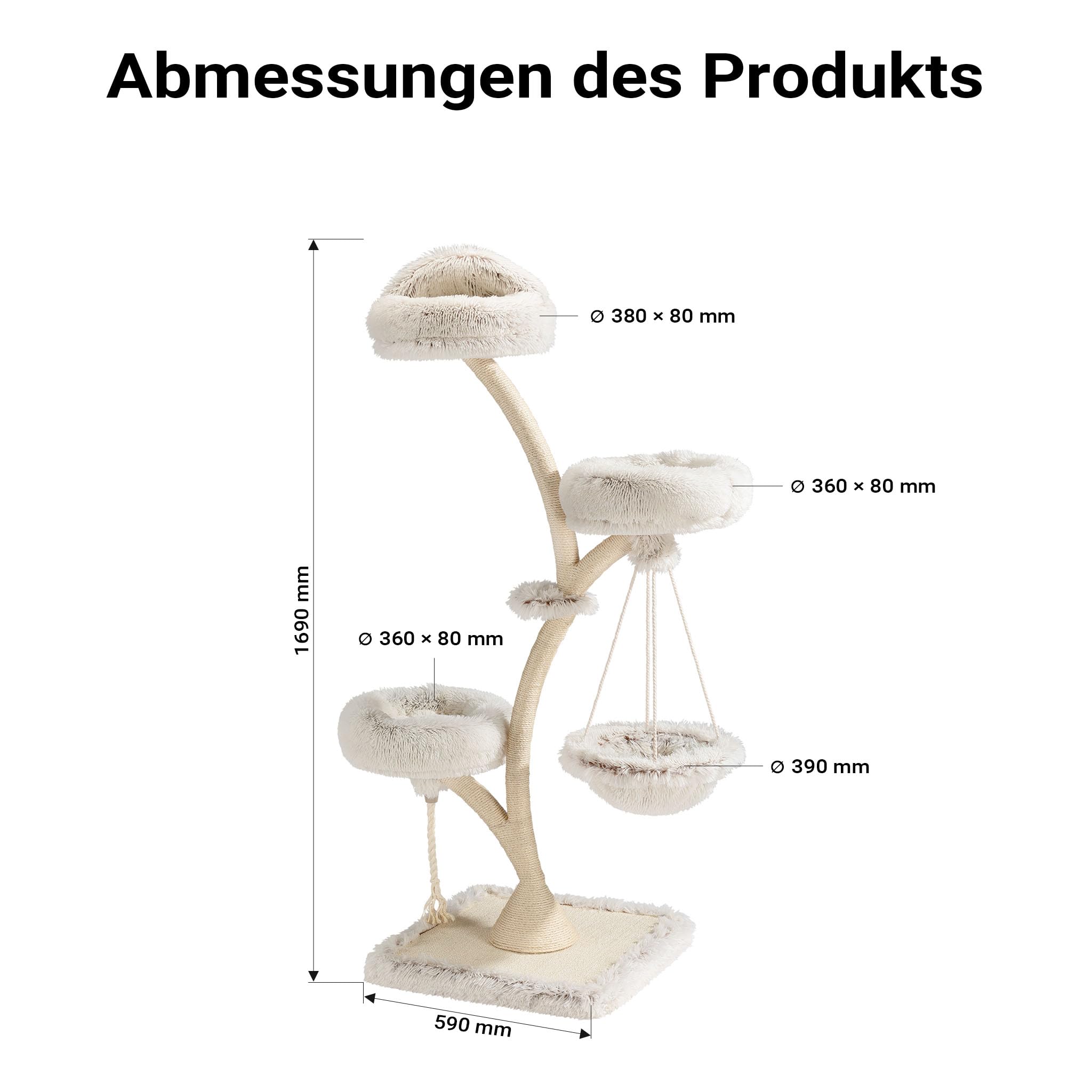 Fudajo Designer Kratzbaum mit Hängeliege, Katzenkratzbaum 59 x 59 x 169 cm, Katzenbaum bis max. 15 kg mit Sisal und Plüsch, Katzenmöbel mit 3 Etagen