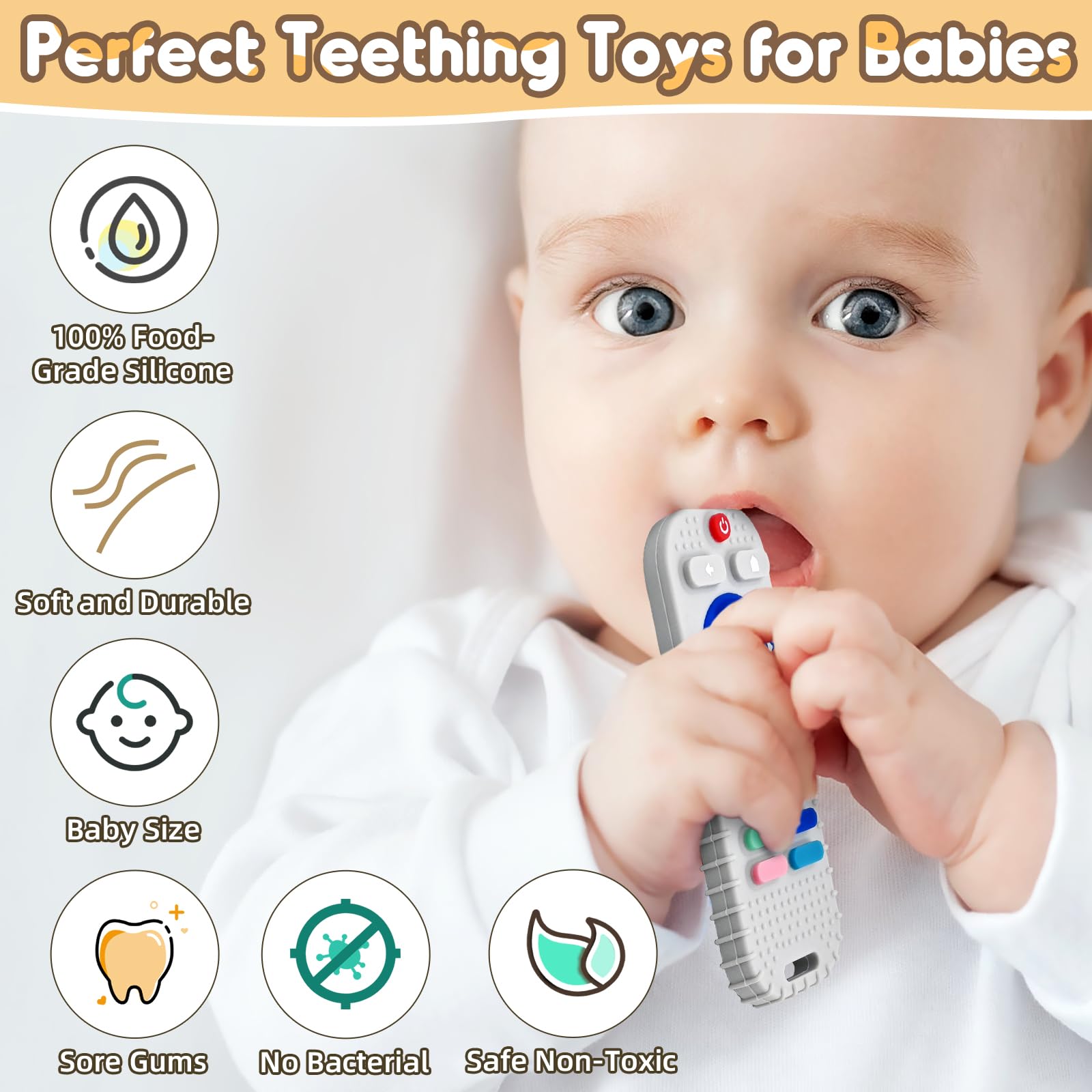 Zahnen Beißringe Spielzeug für Babys 3-6-12 Monate Geschenke, Fernbedienung Baby Zahnungshilfe für 7 8 9 Monate Kleinkind Autismus, Lebensmittelqualität Silikon Badespielzeug, Schwarz