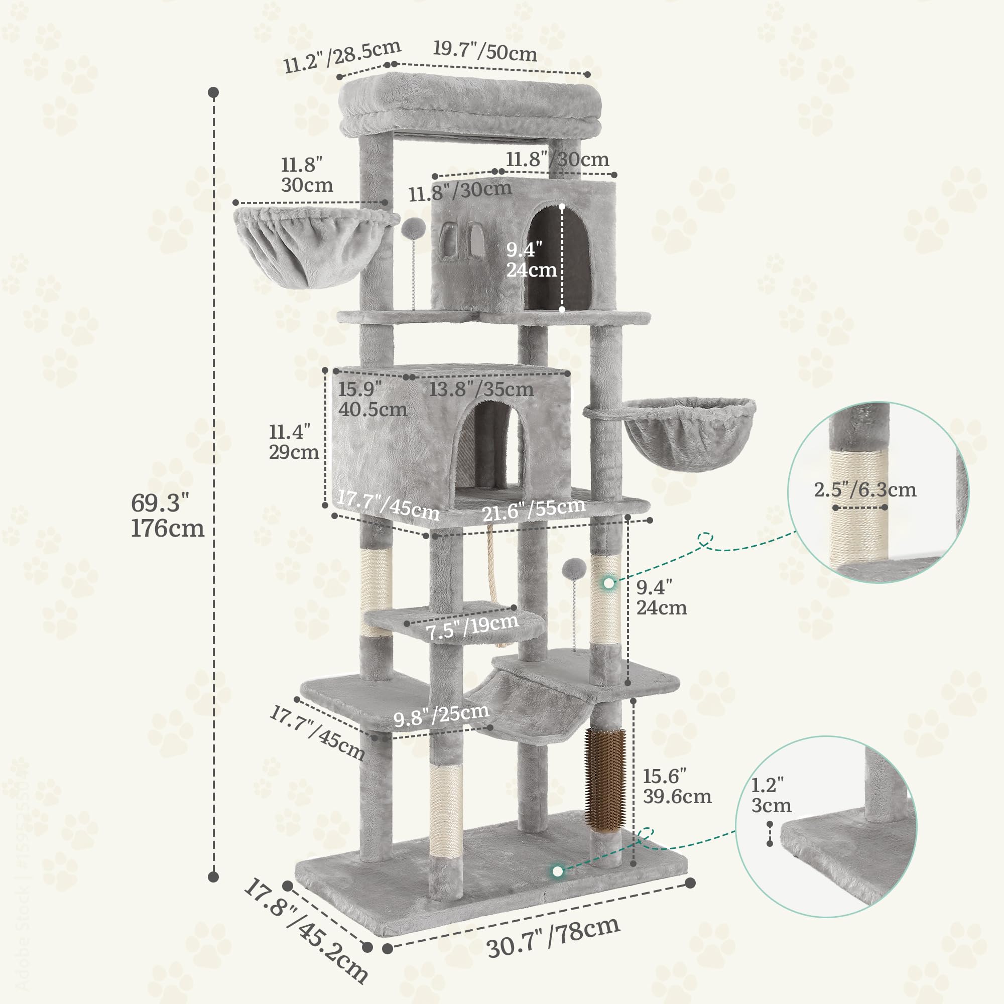 YITAHOME Kratzbaum, Katzenkratzbaum, für Große Katze, Katzenbaum, Katzenbürsten, 11 cm Dicke Stämme, Große Plattformen, Plüschkissen, Höhle, 50 x 50 x 157 cm, Beige