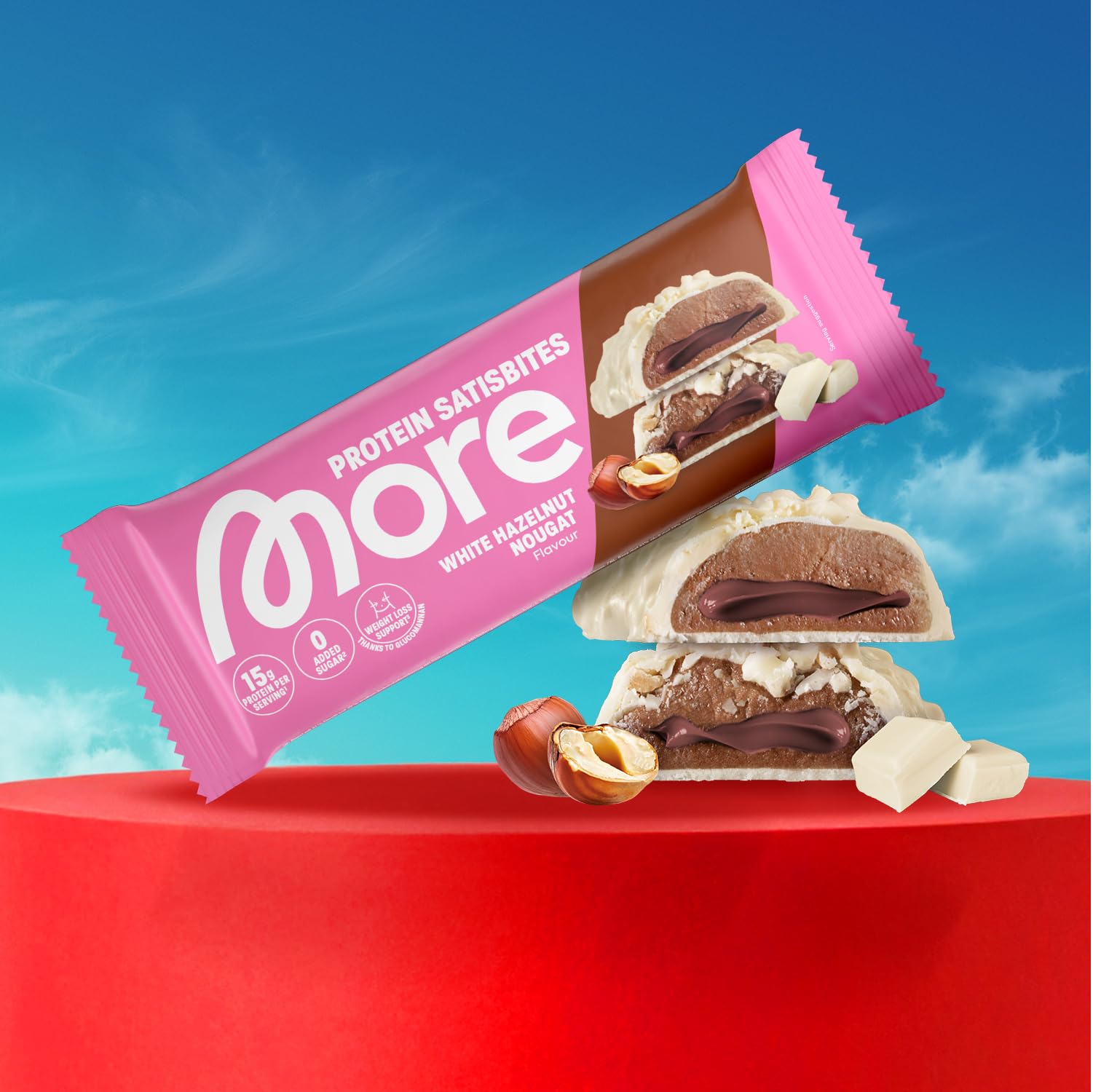 MORE Protein Satisbites, 12er Box Proteinriegel, 12 x 2 x 25 g, White Chocolate Strawberry Cream, bis zu 16 g Protein pro Portion, ohne Zuckerzusatz, made in Germany