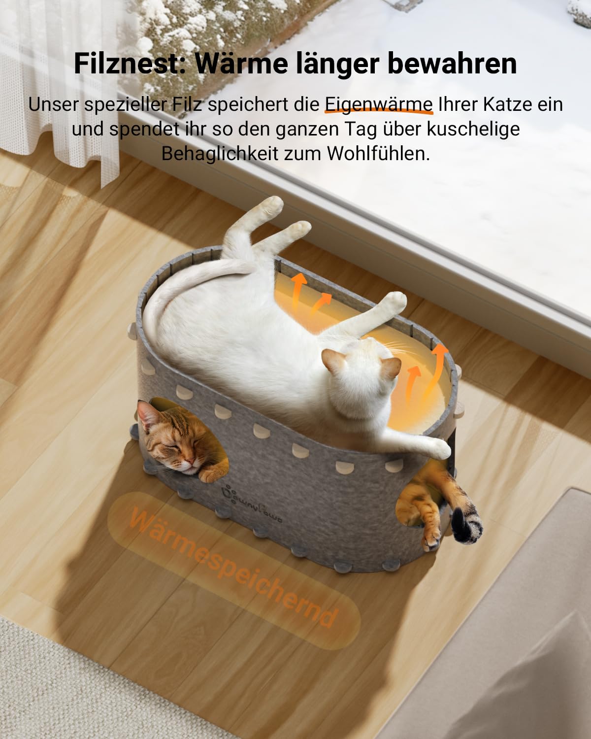 Katzenhöhle Filz, Katzenhaus aus Filz, Katzenbett, Katzenhöhle für Katzen, 58 x 33 x 30cm, Peek-a-Boo zum Spielen, Winterfest, Schutz der Katzennägel, Beige