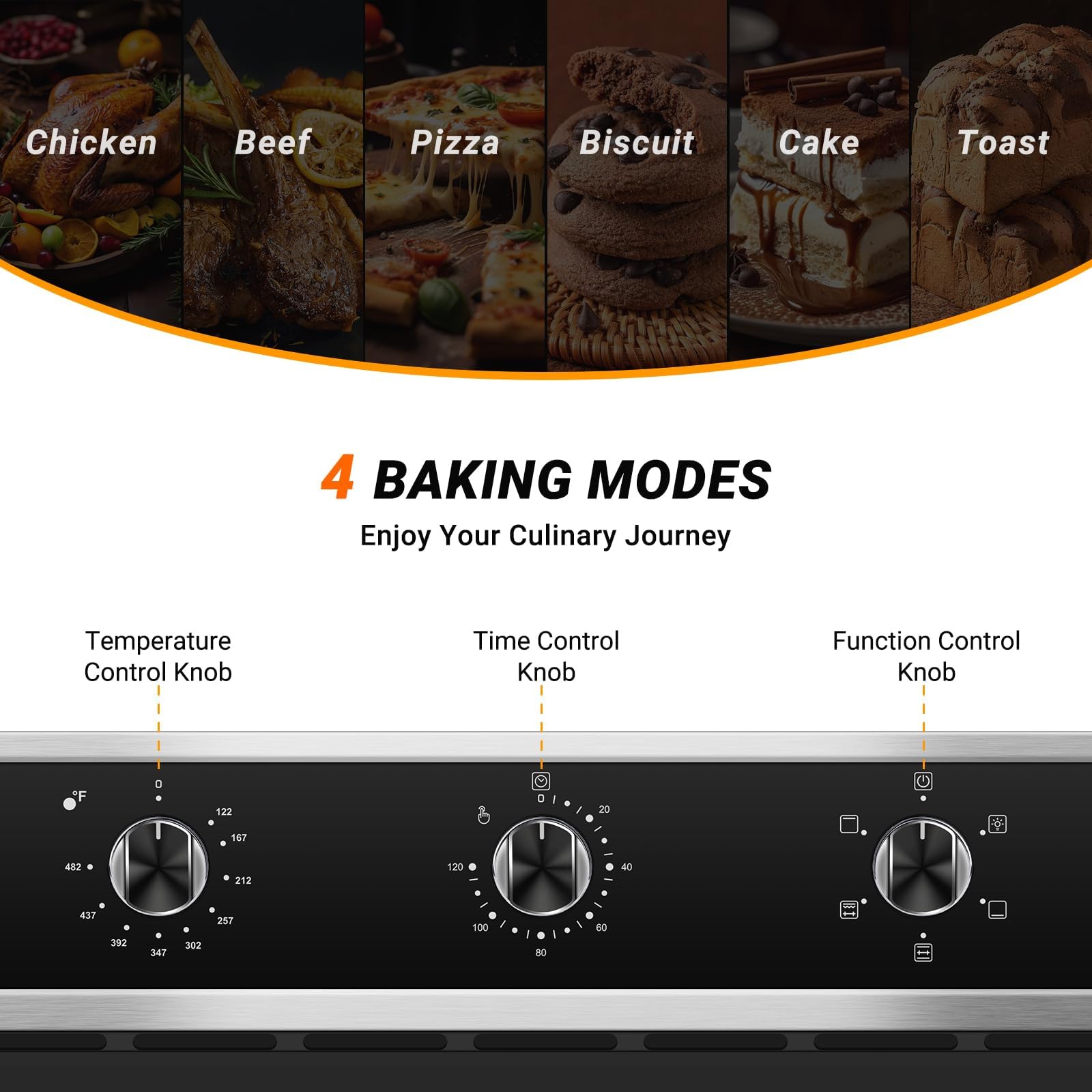 24" Single Wall Oven for Kitchen: 2200W Built-in Electric Wall Oven with Mechanical Knobs Control, 2.65 Cu.ft. Stainless Steel Wall Oven with 5 Cooking Modes, 360° ROTATING ROTISSERIE, Timer