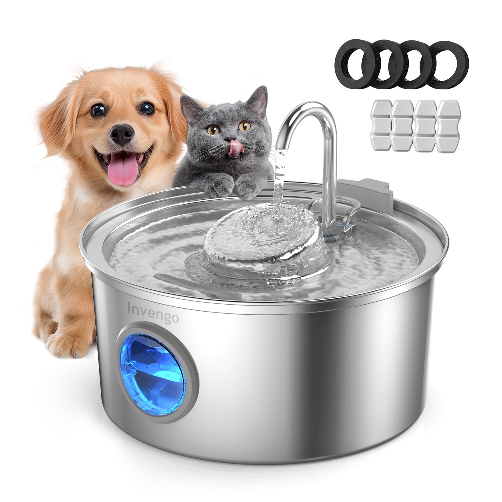 Invengo MeowFlow B30 Trinkbrunnen für Katzen, 2,2L Edelstahl-Haustierbrunnen mit sichtbarem Wasserfenster, einfach zu reinigen und installieren, inkl. 4 Ersatzfilter, spritzwassergeschütztes Design