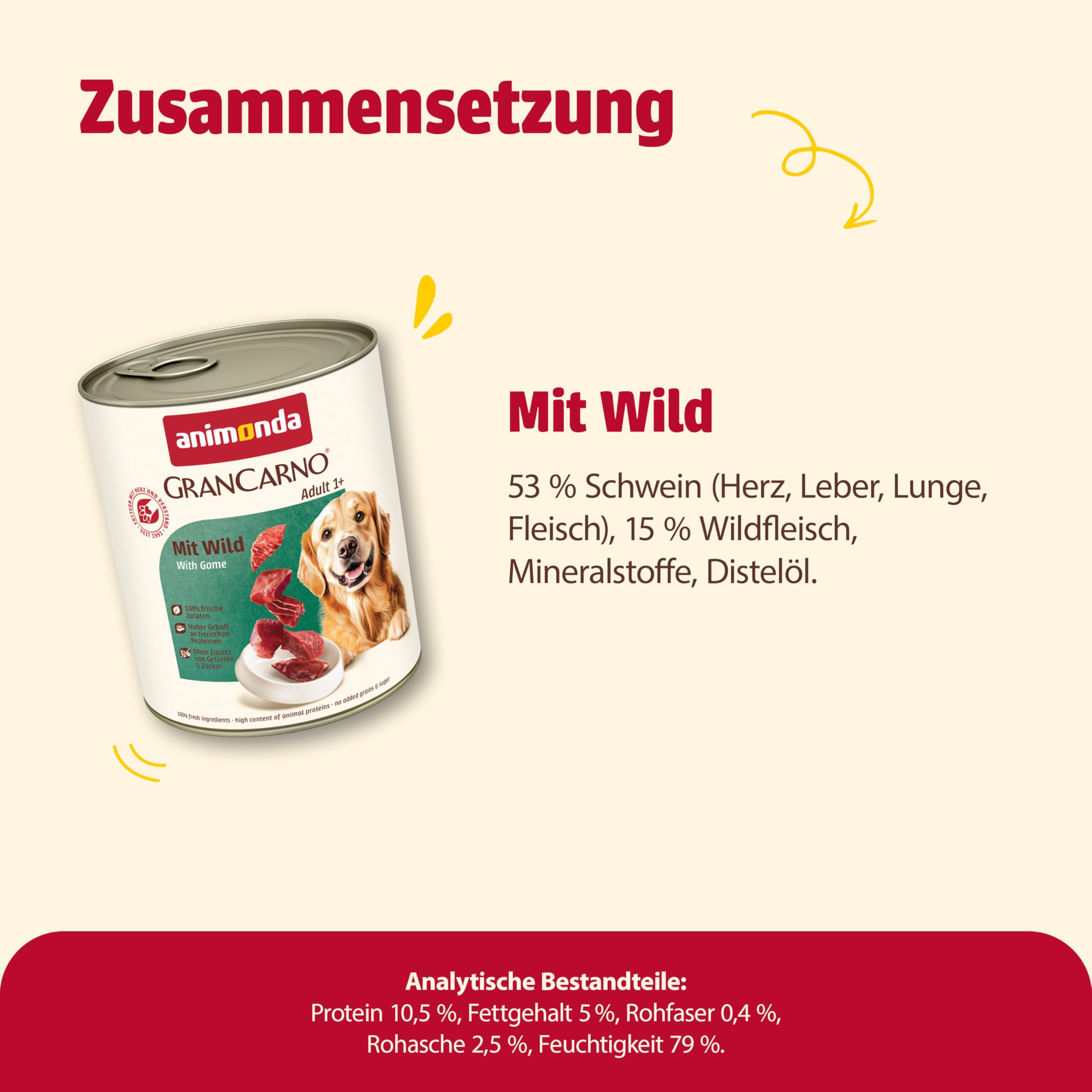 animonda GranCarno Hunde Nassfutter mit Rind + Entenherzen (6 x 800 g), getreidefreies Hundenassfutter ohne Zucker, für ausgewachsene Hunde, mit frischen fleischigen Zutaten