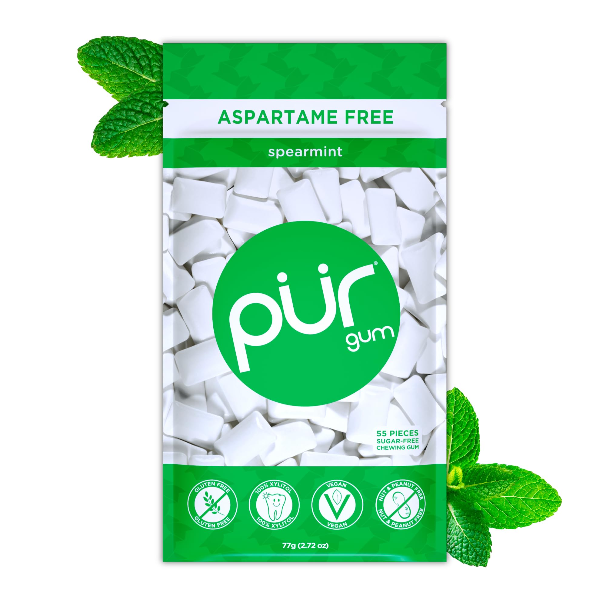 PUR Gum | Zuckerfreier Kaugummi | Mit Xylit | Vegan, Aspartamfrei & Glutenfrei | Natürlicher Kaugummi Mit Spearmint-Geschmack, 55 Stück (3er Pack)