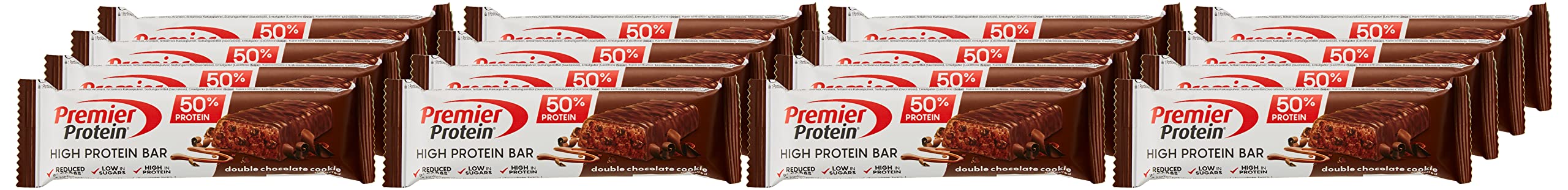 Premier Protein - High Protein Bar 50% - Double Chocolate Cookie - 16x40g - Zuckerarm - Kohlenhydratarm - palmölfrei