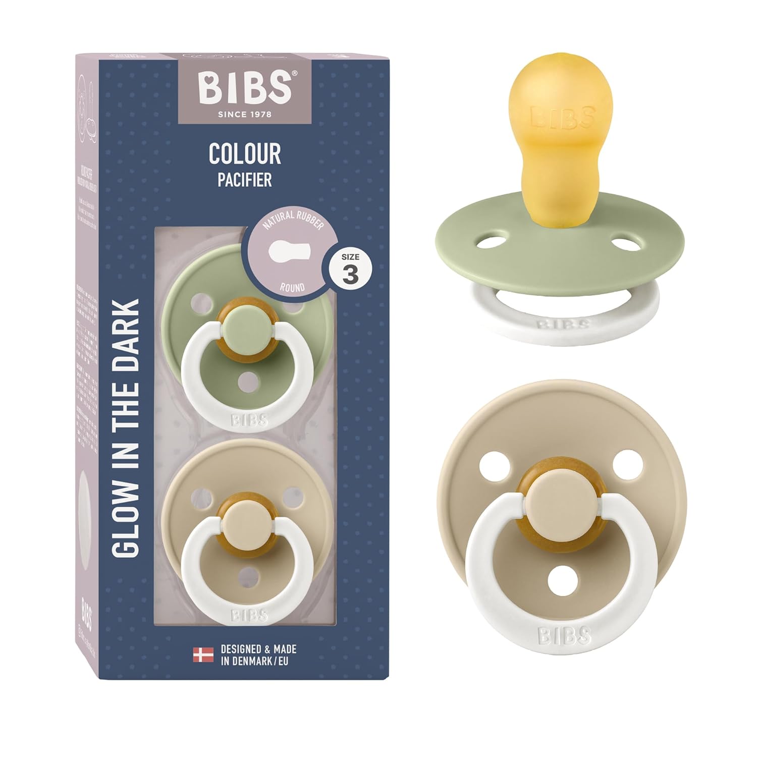 BIBS Colour Schnuller 2er-Pack, BPA-frei, Kirschform Nippel. Naturkautschuk/Latex, Hergestellt in Dänemark. Größe 1 | 0+ Monate | 2-Pack, Ivory/Sage