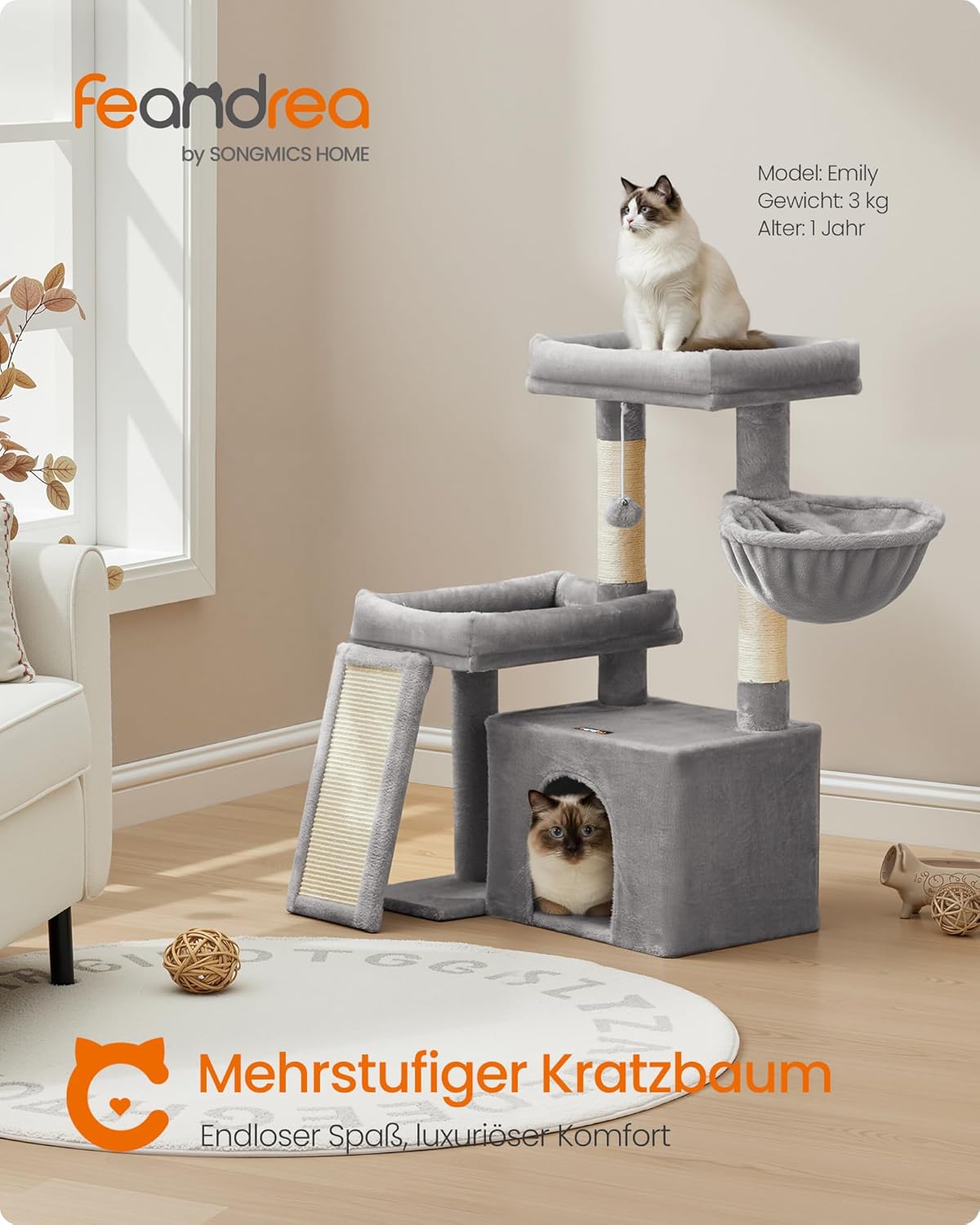 Feandrea Kratzbaum, Katzenbaum mit Kratzsäulen, Rampe, Katzenkratzbaum, 2 große Plattformen, Höhle und Korb, 85,8 cm hoch, Taubengrau PCT013GD01