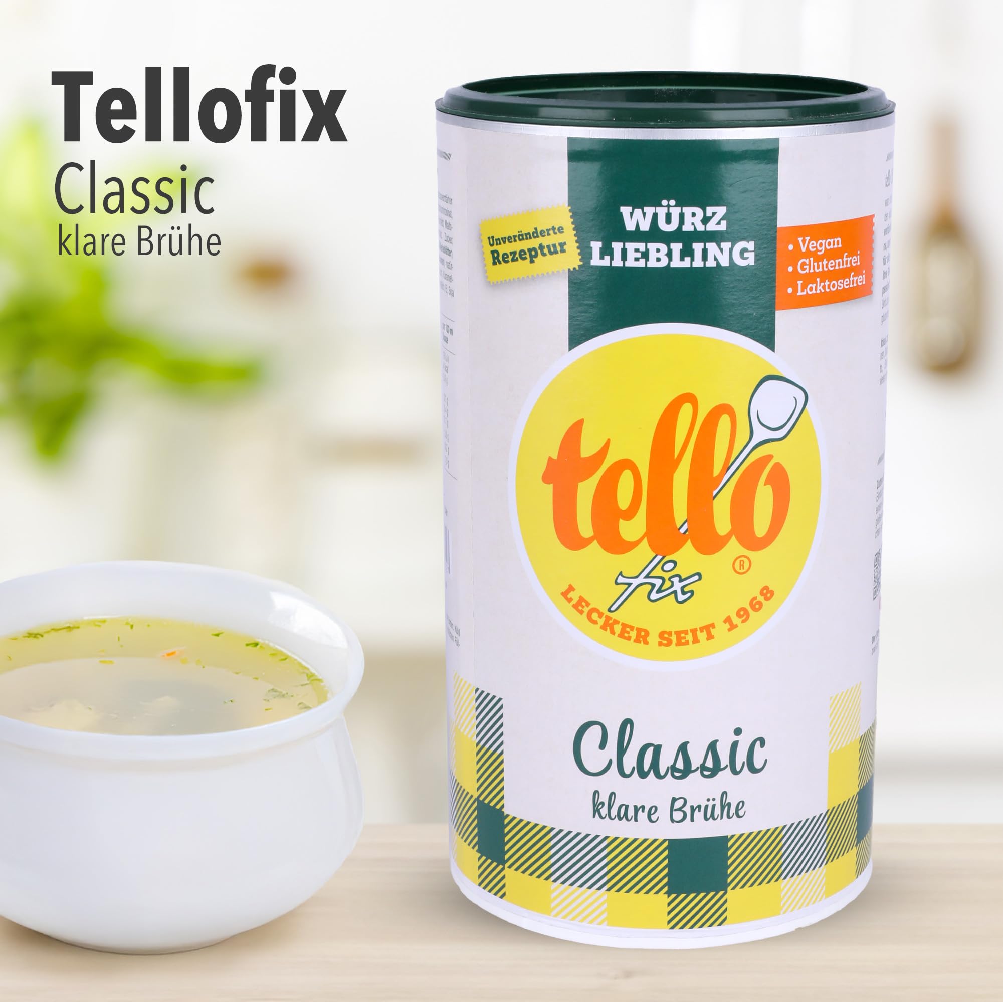 tellofix Classic Klare Brühe 900g, vielseitige Gemüse Brühe, als Universal-Würzmittel zum Verfeinern von Suppen - kalorienarm, glutenfrei, lactosefrei & vegan, keine Farb- oder Konservierungssstoffe