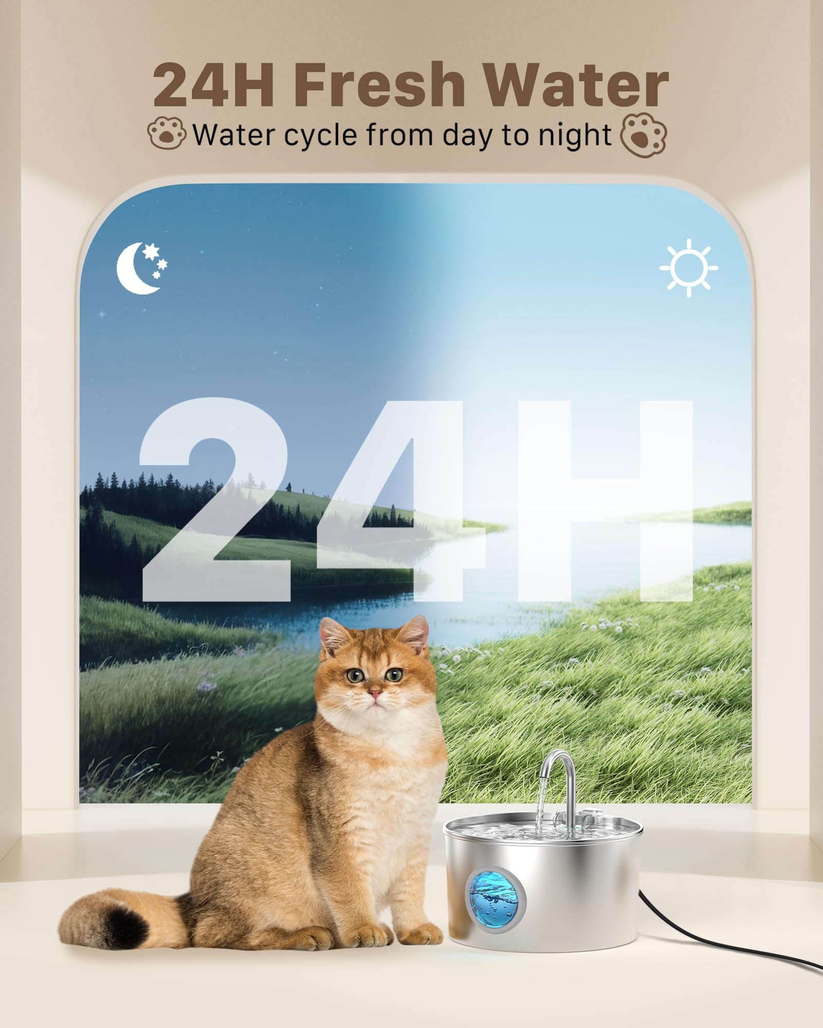 Katzenbrunnen Edelstahl Trinkbrunnen für Katze: Katzenbrunnen für Katzen - 2.2L Wasserbrunnen für Katzen mit 1 Filter und 1 Schwamm - Automatisch Katzentrinkbrunnen für Hunde mit Sichtfenster